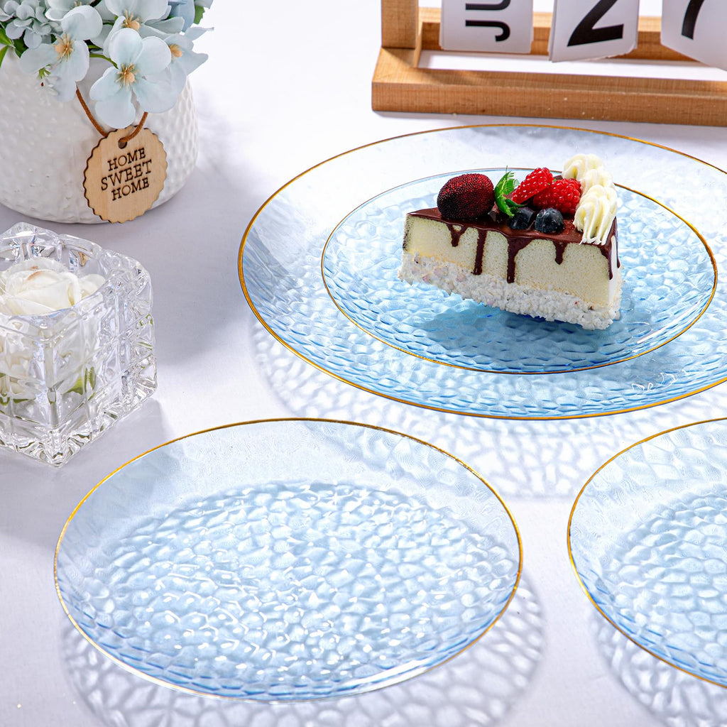 DaYammi 100 Pcs Clear Gold Plastic Plates, Hammered Party Plate, Fancy Plastic Plates Disposable Clear Disposable Dessert Platos, 7 Inch Heavy duty Plastic Dessert Platos for Party & Wedding