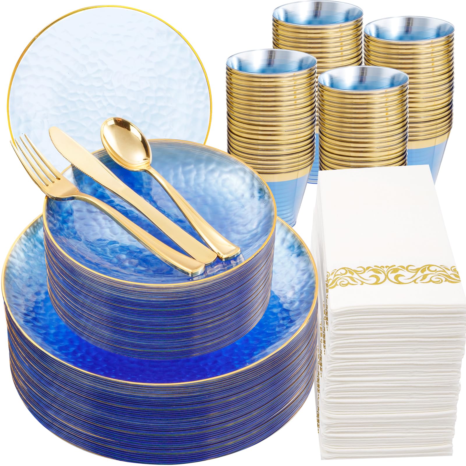 DaYammi 350PCS Clear Gold Plastic Dinnerware Set for 50 Guests, Hammered Disposable Plates for Party, Include: 50 Dinner Plates, 50 Dessert Plates, 150 Gold Silverware, 50 Napkins, 50 Cups