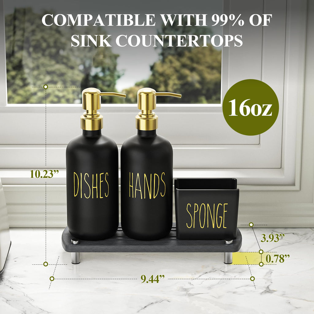 Cisily Kitchen Soap Dispenser Set Comes with Ceramics Sponge Holder, Gold Pumps, and Instant Dry Tray, Hand and Dish Soap Dispenser Set (4, Gold + White + Sponge Holder)