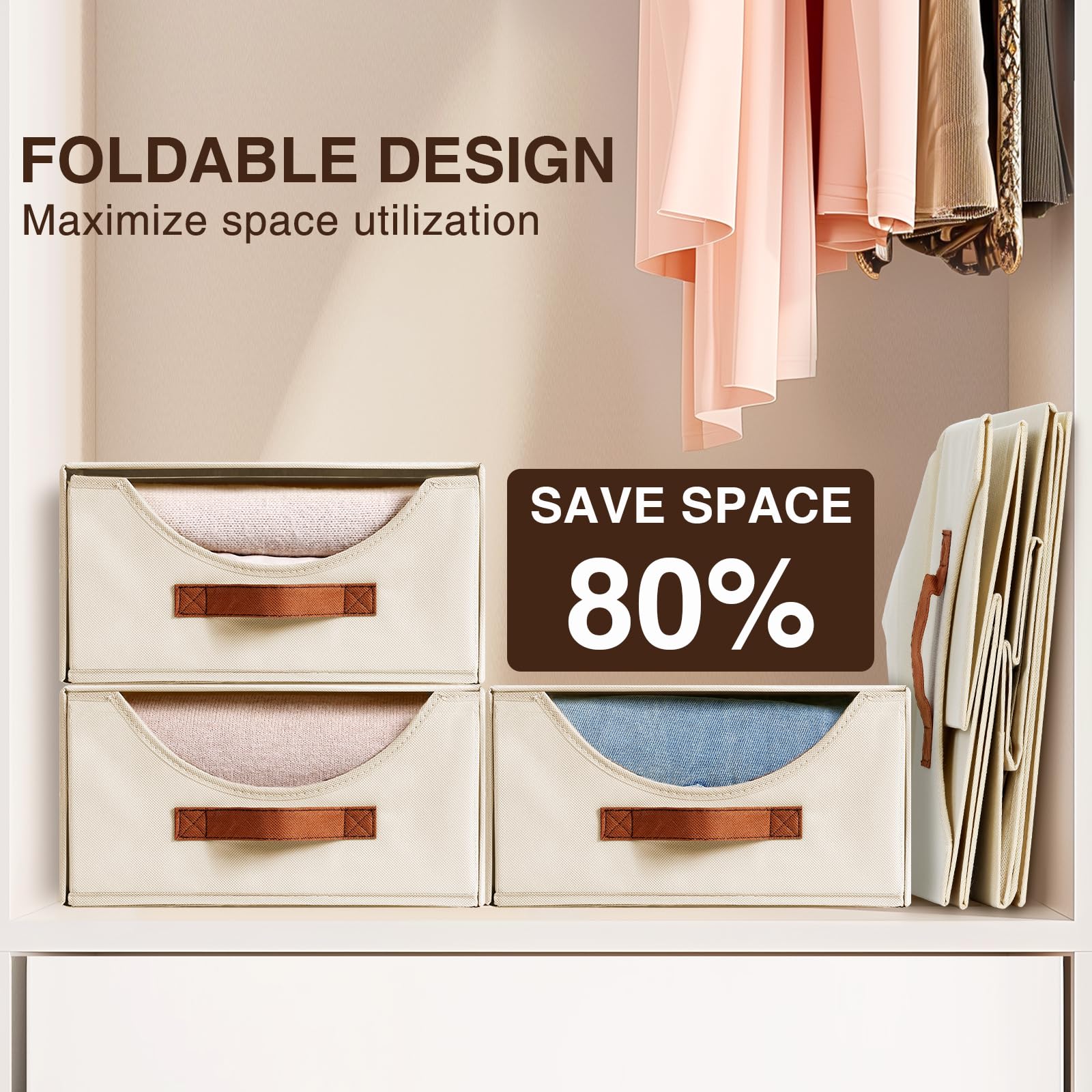 Homsorout Stackable Storage Drawers - Collapsible Storage Bins with Drawers, 4 Pack Closet Shelf Organizer Basket, Fabric Pull Out Organizer for Bedroom, Living Room, Dorm, Beige