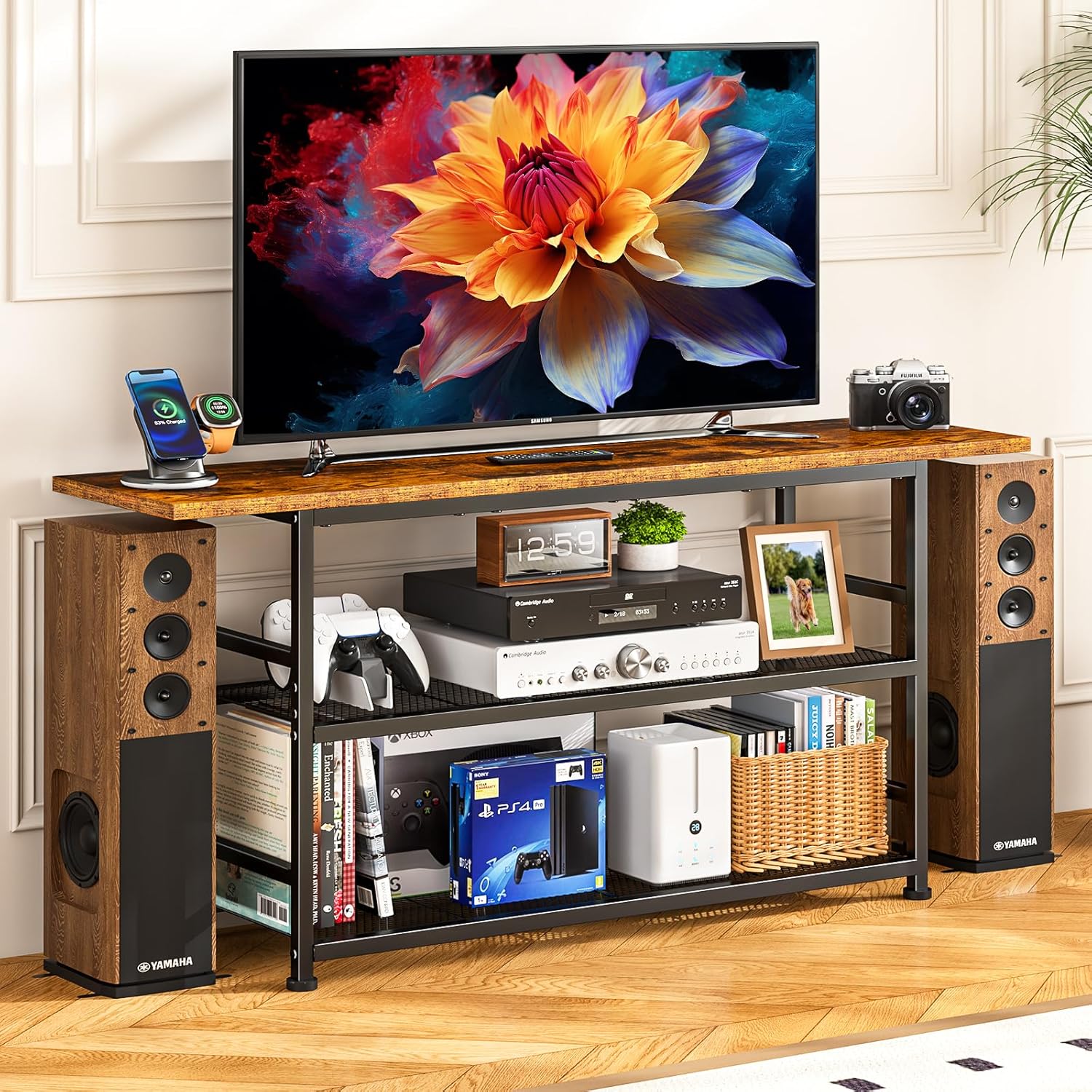 ThreeHio TV Stand for TVs up to 55 Inch TV, Entertainment Center with 3 Tier Open Storage Shelves, Media Console Table for Living Room, Bedroom, Rustic Brown