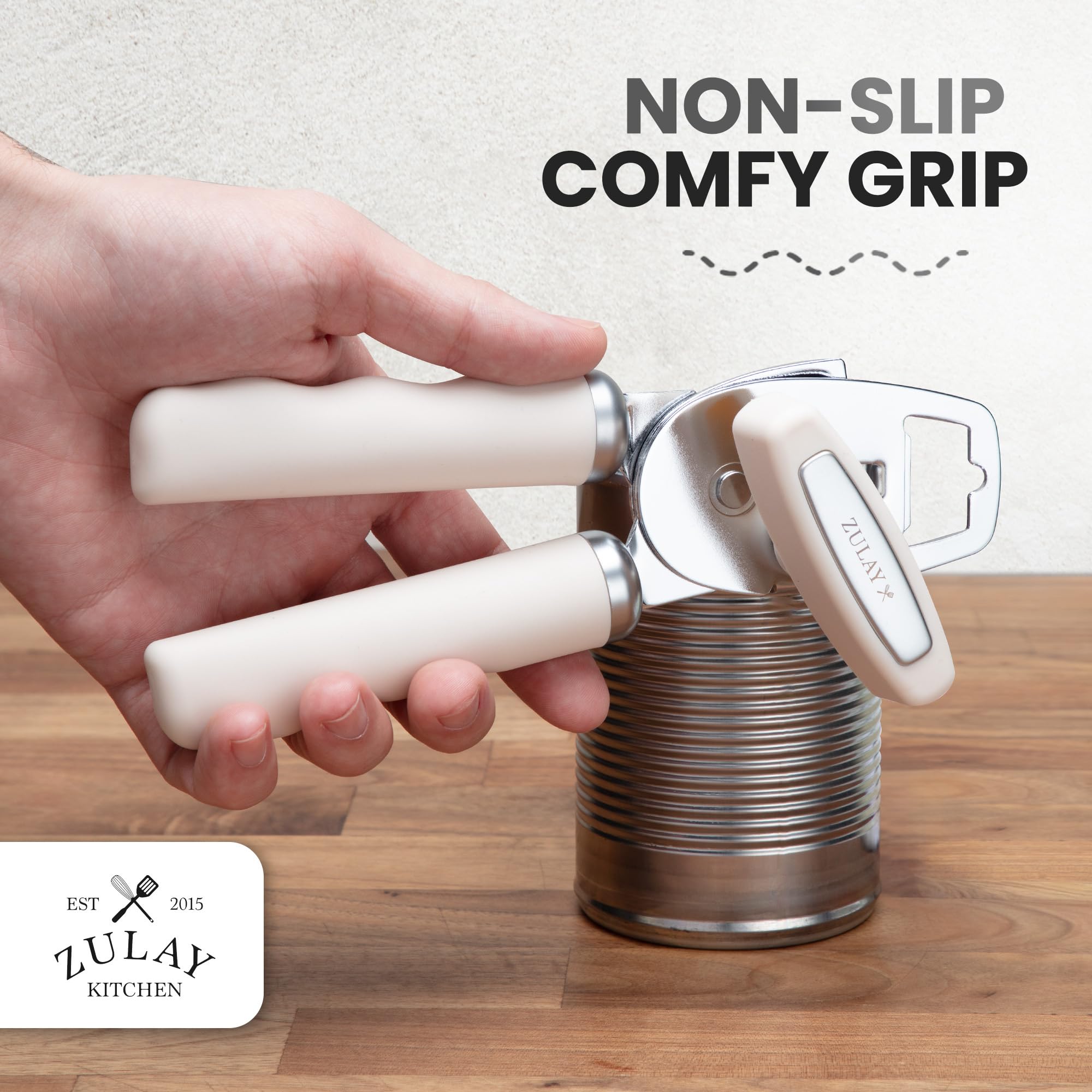 Zulay Kitchen COMFY™ Can Opener Manual with Bottle Opener - Rust Proof Stainless Steel Manual Can Opener With Turn Knob & Comfy Soft Grip Handles - Black
