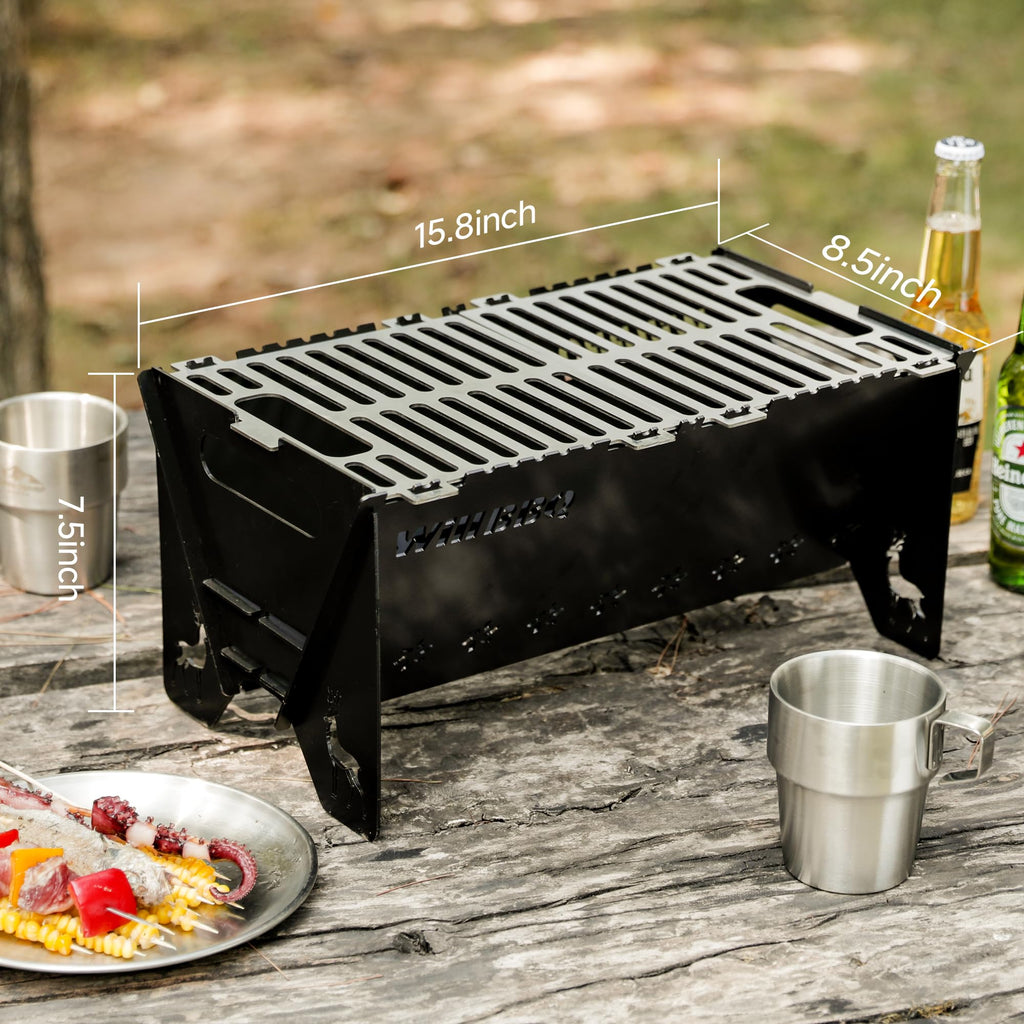 WILLBBQ Charcoal Grills Quality Portable Detachable Folding,Skewers Campfire Grill,Hibachi Backpacking BBQ Grill,Easy Portability For Outdoor Barbecues Camping Picnics Garden Party(15.8x8.5x7.5 inch)