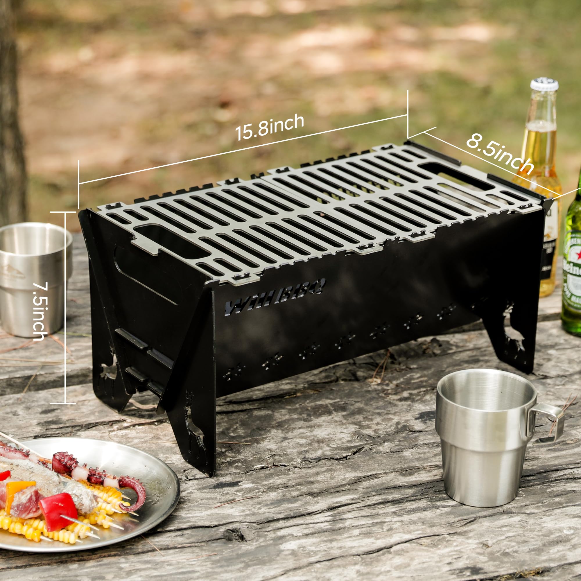 WILLBBQ Charcoal Grills Quality Portable Detachable Folding,Skewers Campfire Grill,Hibachi Backpacking BBQ Grill,Easy Portability For Outdoor Barbecues Camping Picnics Garden Party(15.8x8.5x7.5 inch)