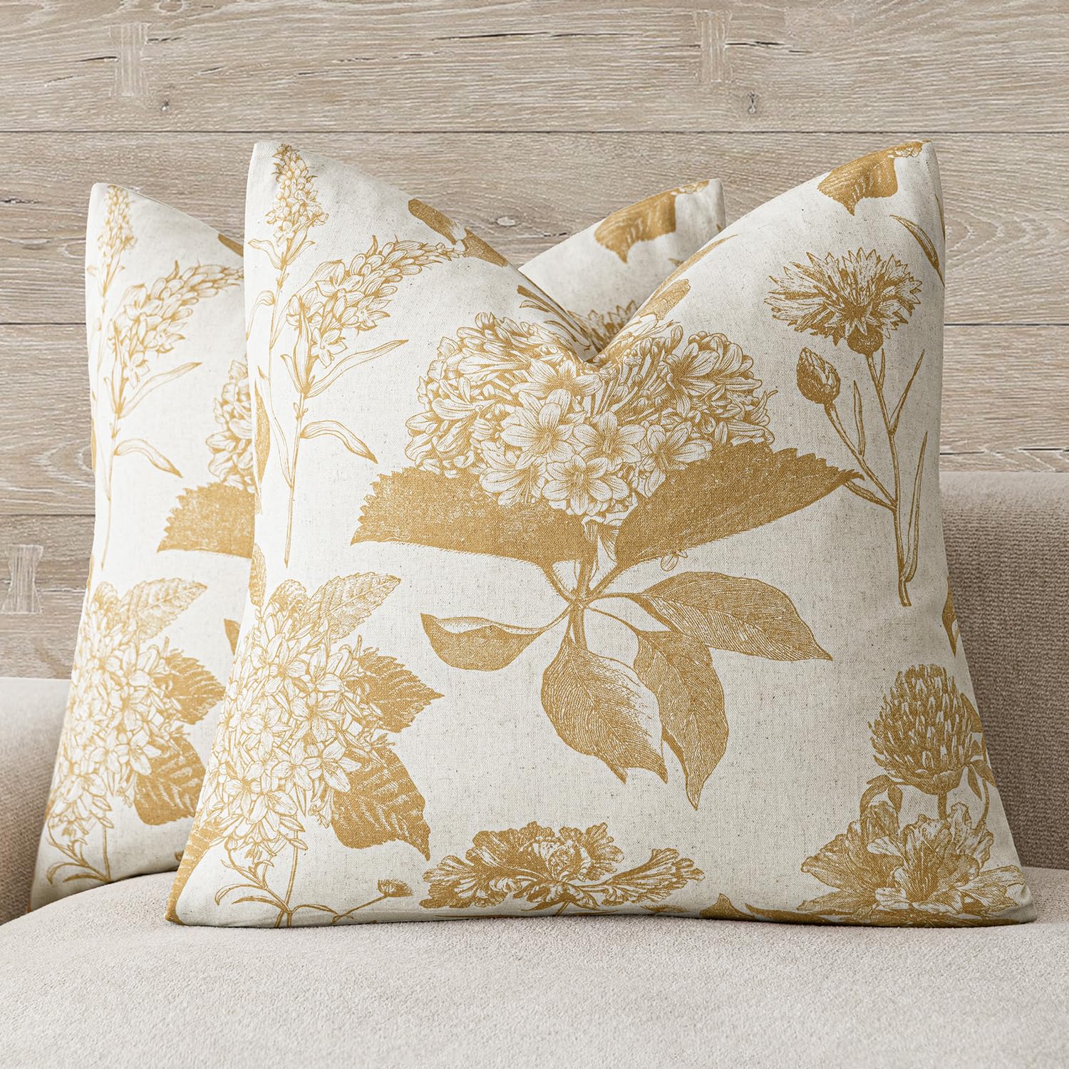Foindtower Set of 2 Linen Floral Vintage Throw Pillow Covers Neutral Accent Print Decorative Cushion Covers Farmhouse Boho Home Decor for Sofa Chair Couch Bedroom Living Room,18×18 Inch,Blue