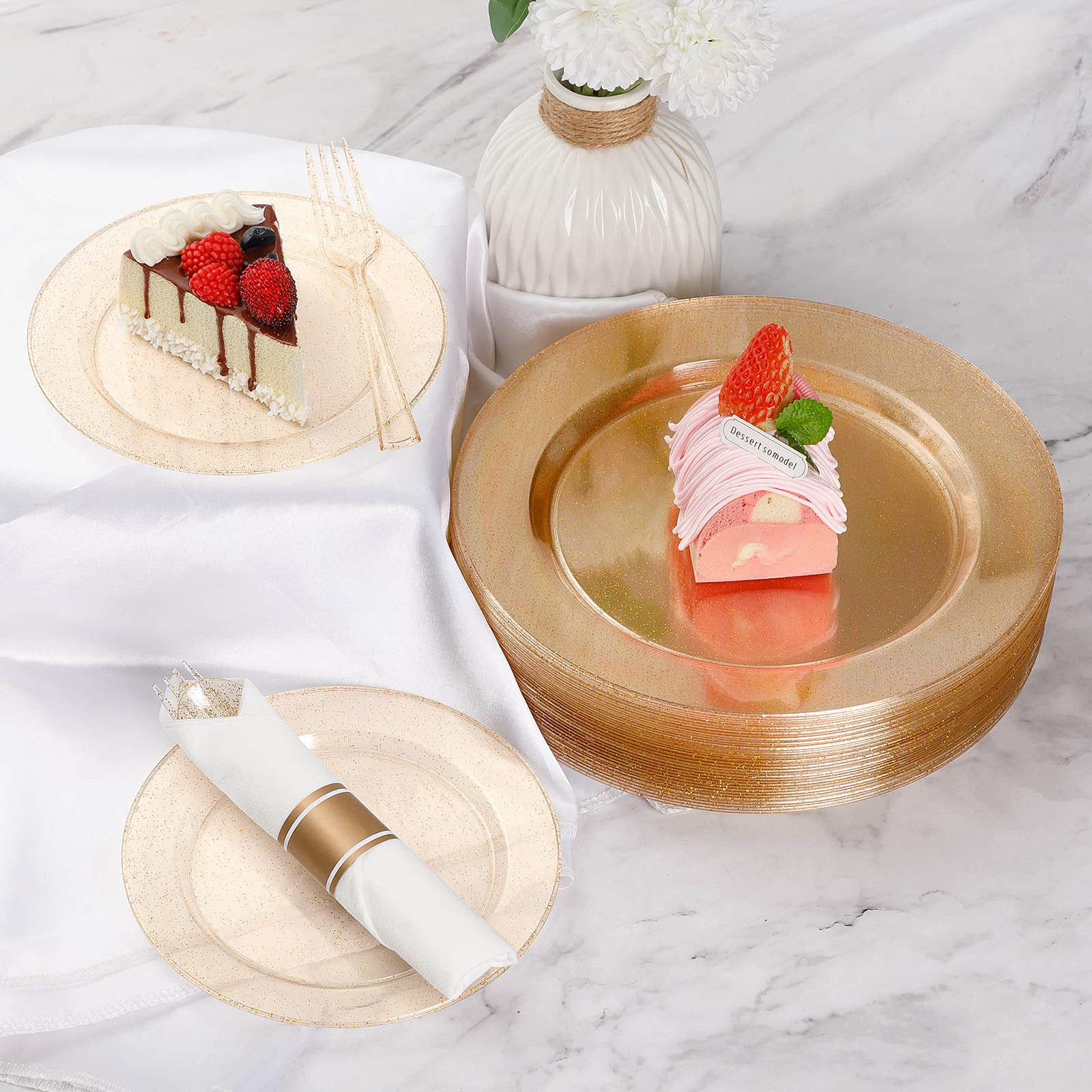 Goodluck 350 Piece Silver Plastic Dinnerware Set for 50 Guests, Fancy Disposable Plates for Party, Include: 50 Dinner Plates, 50 Dessert Plates, 50 Pre Rolled Napkins with Silver Silverware, 50 Cups