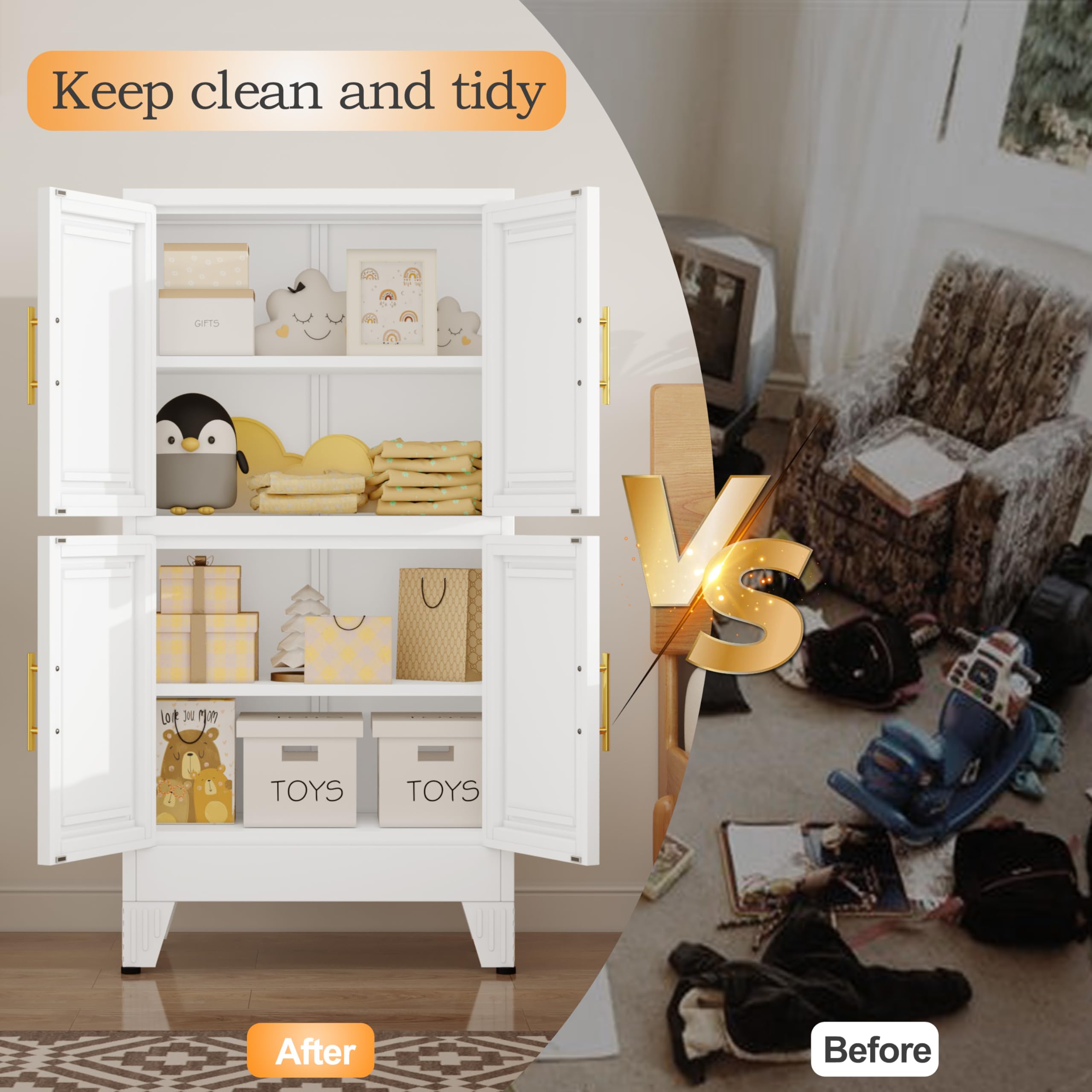 GAIOUS Metal Pantry Cabinet, Kitchen Pantry Storage Cabinets with 2 Door and 3 Adjustable Shelves, White Kitchen Pantry Cabinet, Freestanding Cupboard for Dining Room Living Room Bathroom