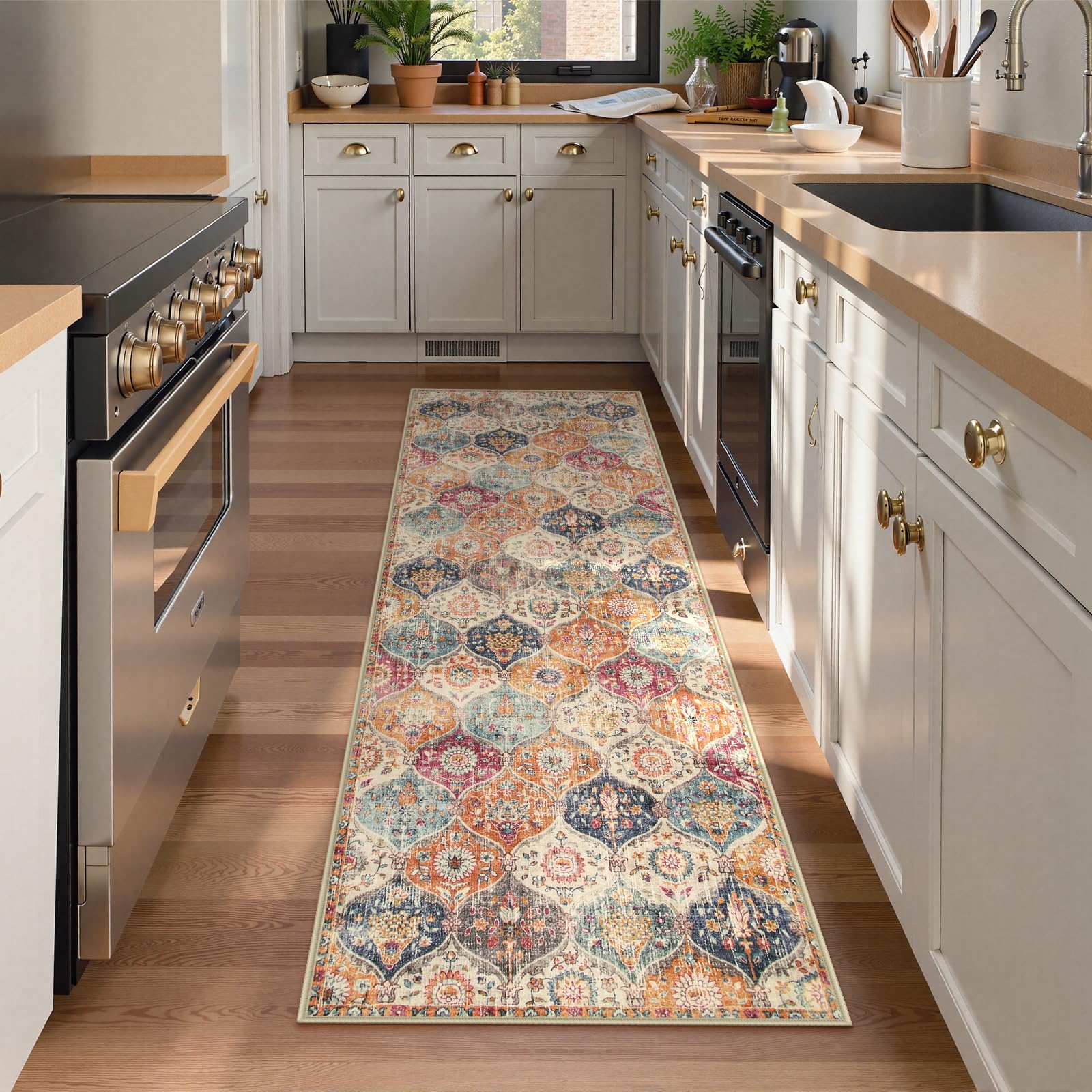 Lahome Moroccan Trellis Washable Rug, 2x3 Kitchen Rugs for Entryway Bathroom, Non-Slip Indoor Door Mat Ultra-Thin, Small Oriental Throw Carpet for Bedroom Entry Elise, Cream/Multi