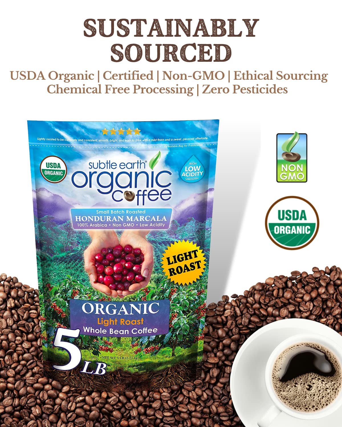 2LB Subtle Earth Organic Coffee - Dark Roast - Whole Bean Coffee - 100% Arabica Beans - Low Acidity and Non-GMO - 2lb bag