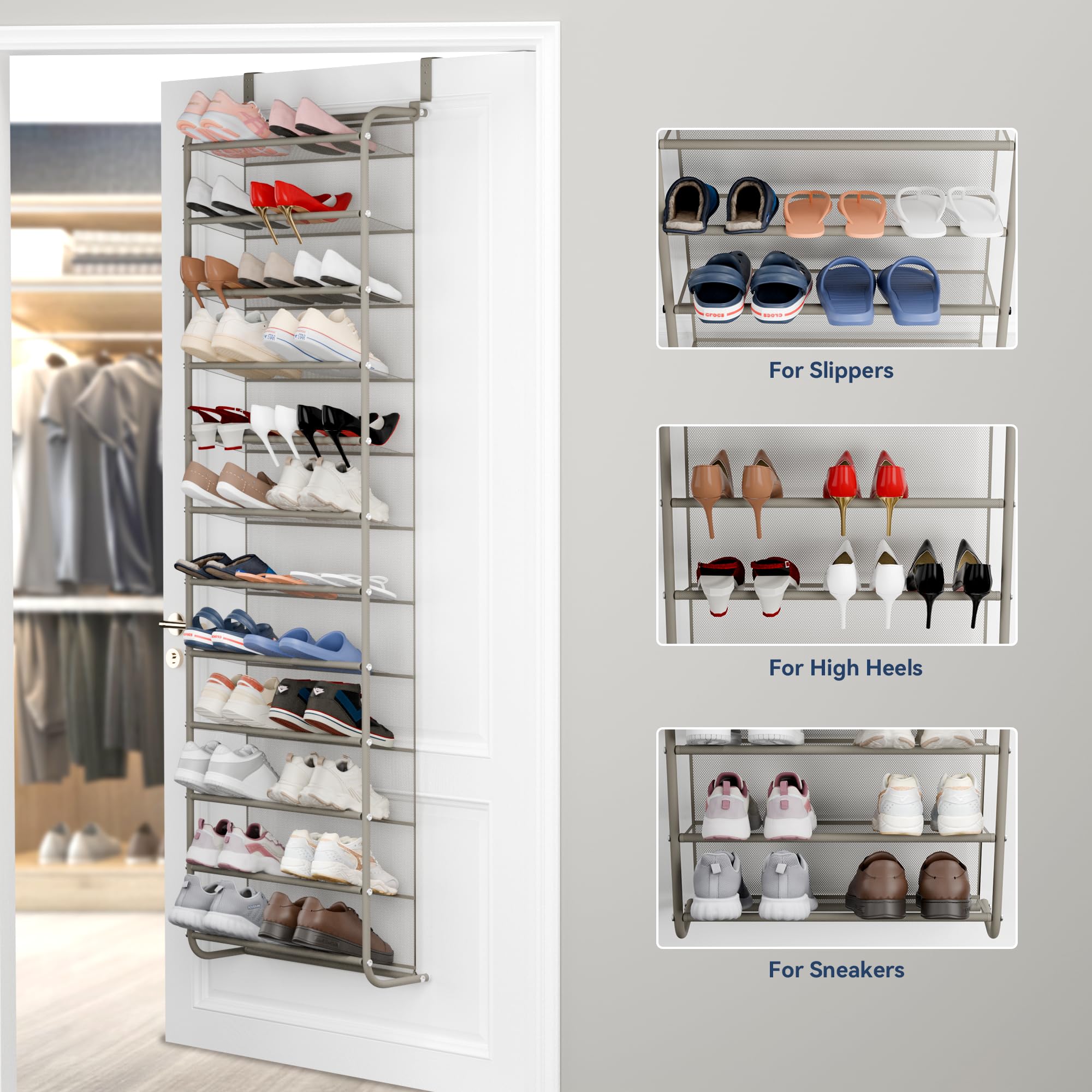 Whitmor 36 Pair Over the Door Shoe Organizer, 12 Tier Hanging Shoe Organizer, Heavy Duty Metal & Mesh Shoe Holder, Hanging Shoe Rack for Closet Organizer & Storage, 74"L x 21.7"W x 7.5"H, White