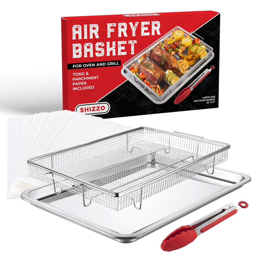 Air Fryer Basket for Oven(Set of 2) – Stainless Steel Air Fryer Tray and Pan Set with 50 Parchment Papers & Food Tongs – Oven Air Fryer Basket and Tray for Baking, Grilling, Crisping