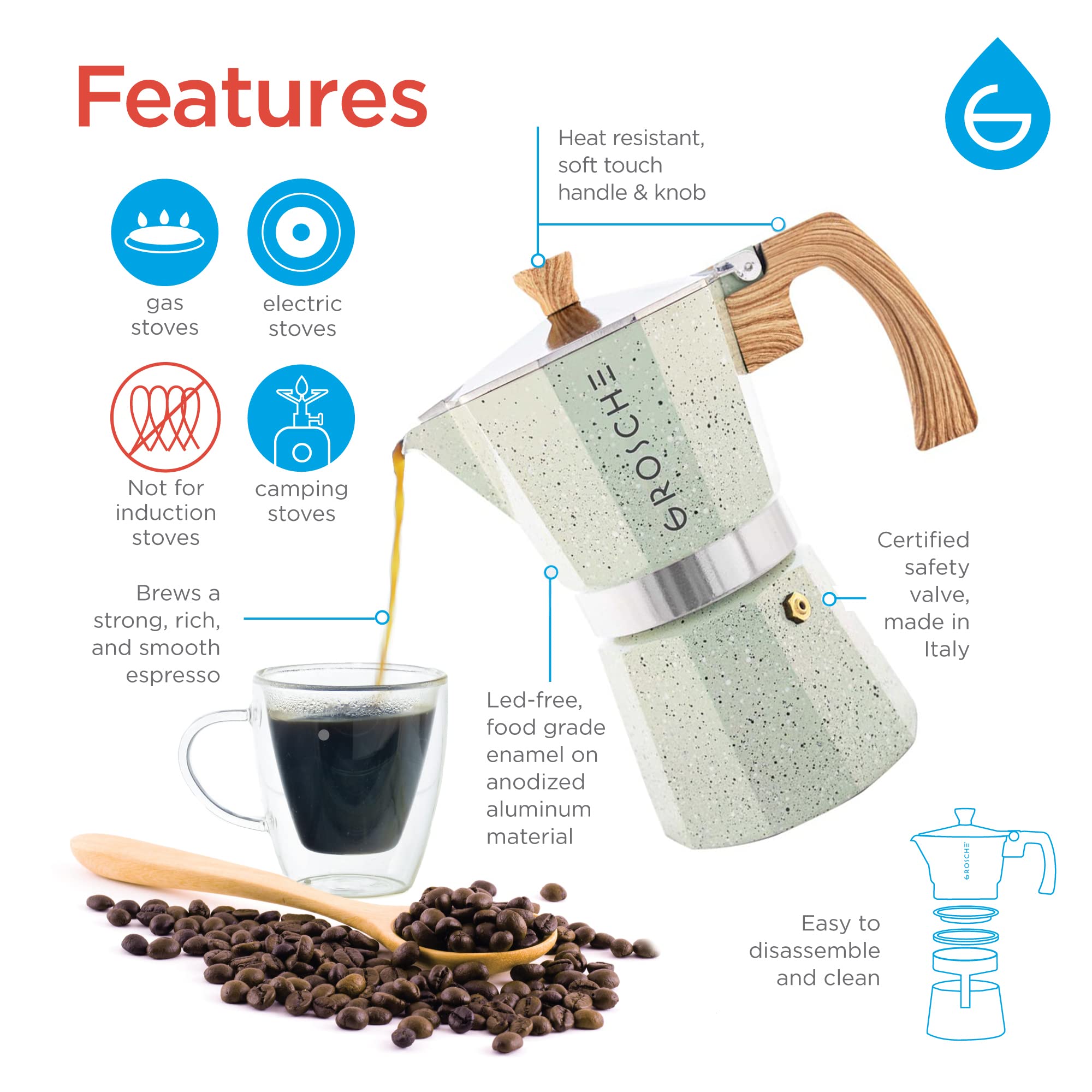 GROSCHE Milano Moka pot, Stovetop Espresso maker, Greca Coffee Maker, Stovetop coffee maker and espresso maker percolator (Grey, 6 cup)