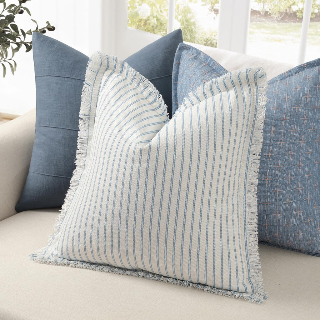 ZWJD Throw Pillow Covers 20x20 Set of 2 Striped Pillow Covers with Fringe Chic Cotton Decorative Pillows Square Cushion Covers for Sofa Couch Bed Living Room Farmhouse Decor, (Gray)
