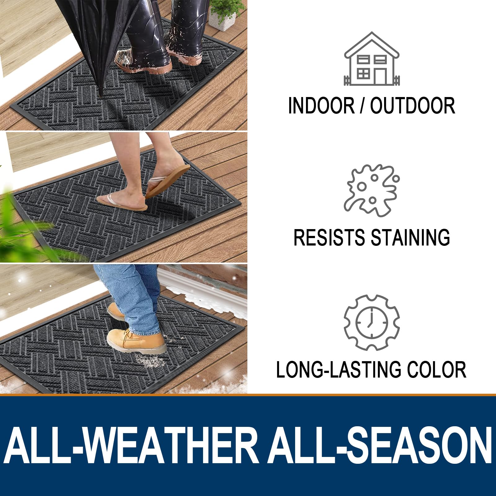 OLANLY Indoor Outdoor Mat, Sturdy Natural Rubber Floor Mat, Non Slip Low Profile Waterproof Doormat, and Stain Front Door Mats, Easy Clean Patio Entrance Mat, 30''x17'', Black