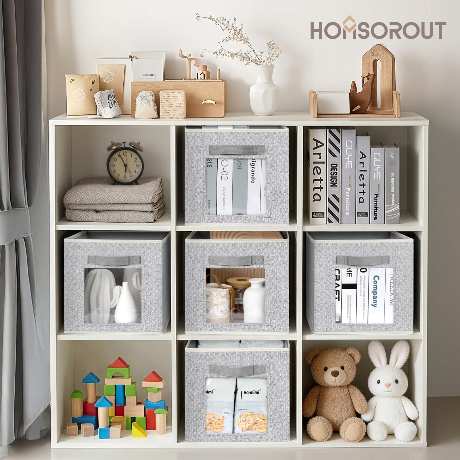 Homsorout Storage Cube 11 Inch - Cube Storage Bins with Window, Closet Storage Baskets with Handle, Fabric Bins for Closet, Shelves, Toys, Clothes, Set of 6, Grey