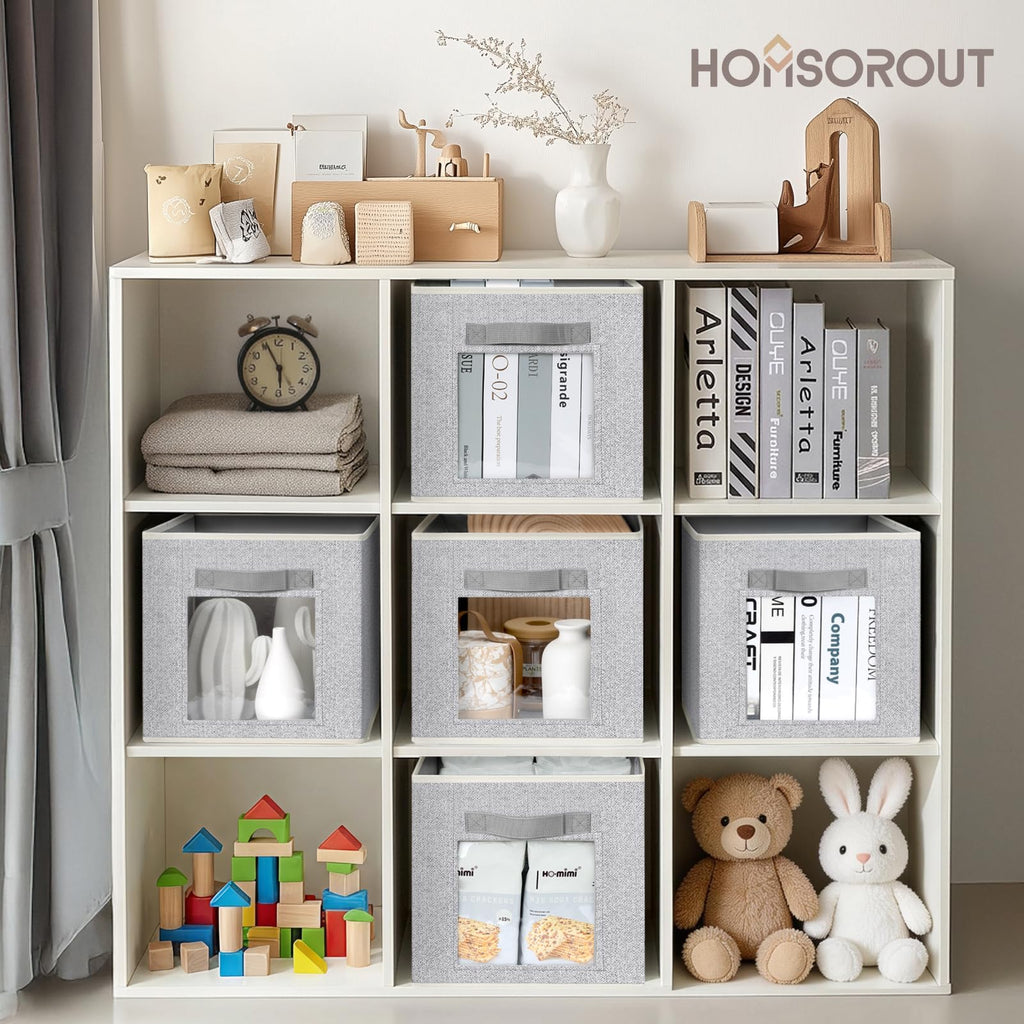 Homsorout Storage Cube 11 Inch - Cube Storage Bins with Window, Closet Storage Baskets with Handle, Fabric Bins for Closet, Shelves, Toys, Clothes, Set of 6, Grey