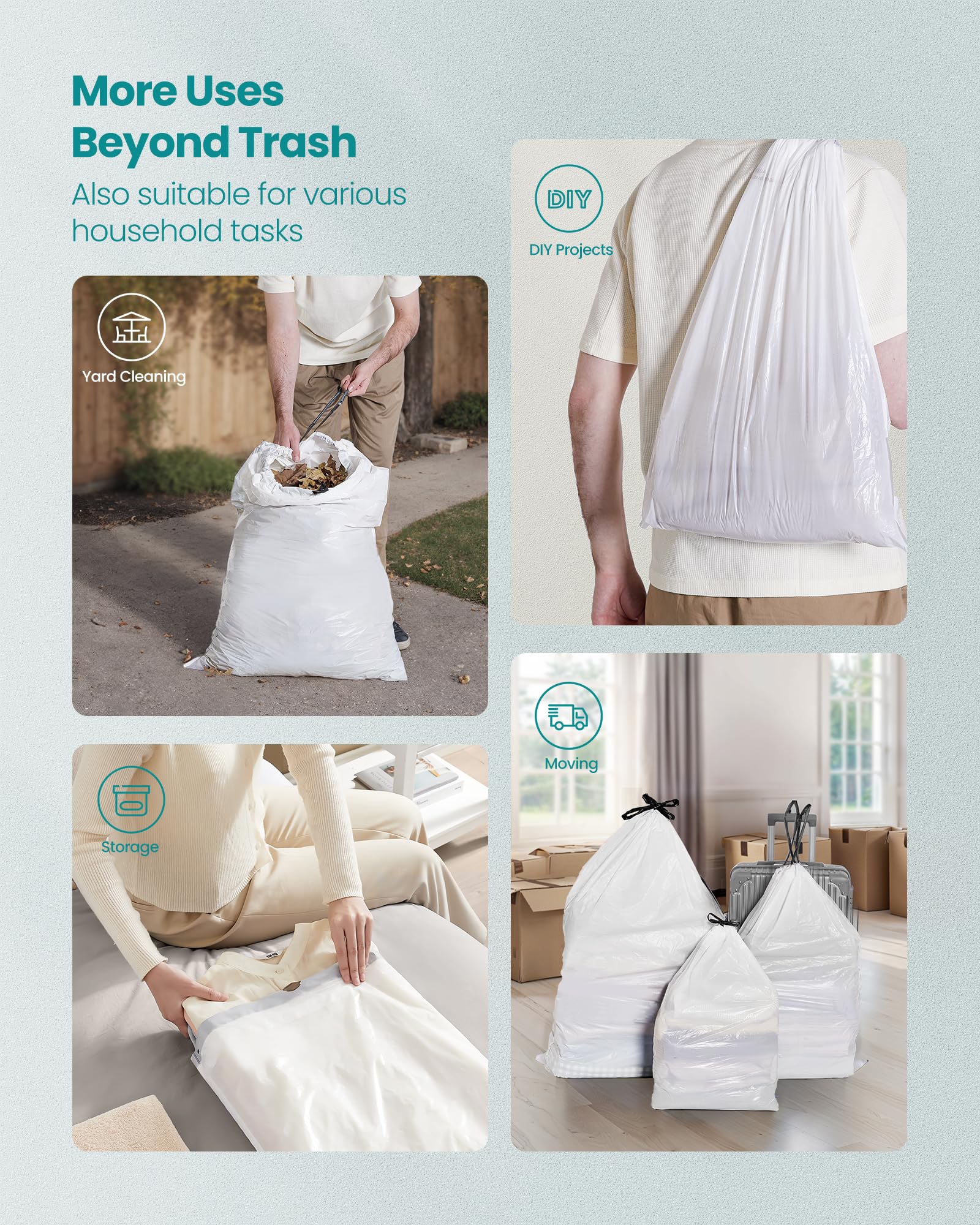 SONGMICS Trash Bags for 8-Gallon (30 L) Trash Cans, Drawstring Kitchen Garbage Bags, Pre-Separated, Liner Code 30A, 2 Rolls, 90 Count, White UKRB30A02