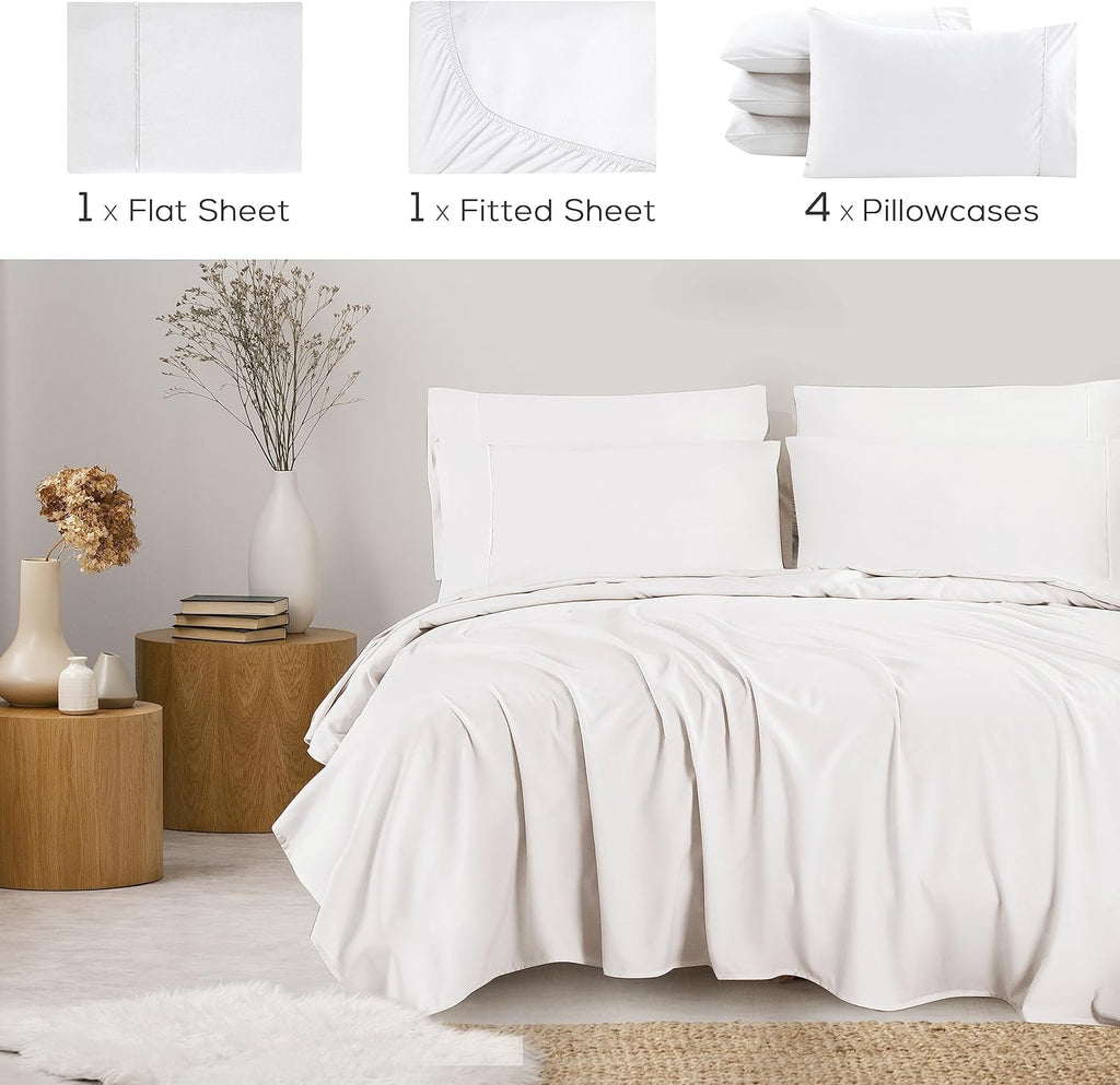 Mueller Ultratemp King Size Sheets Set, Super Soft 1800, 6 Piece, Deep Pocket up to 16" Bed Sheets, Transfers Heat, Breathes Better, Hypoallergenic, Wrinkle, White