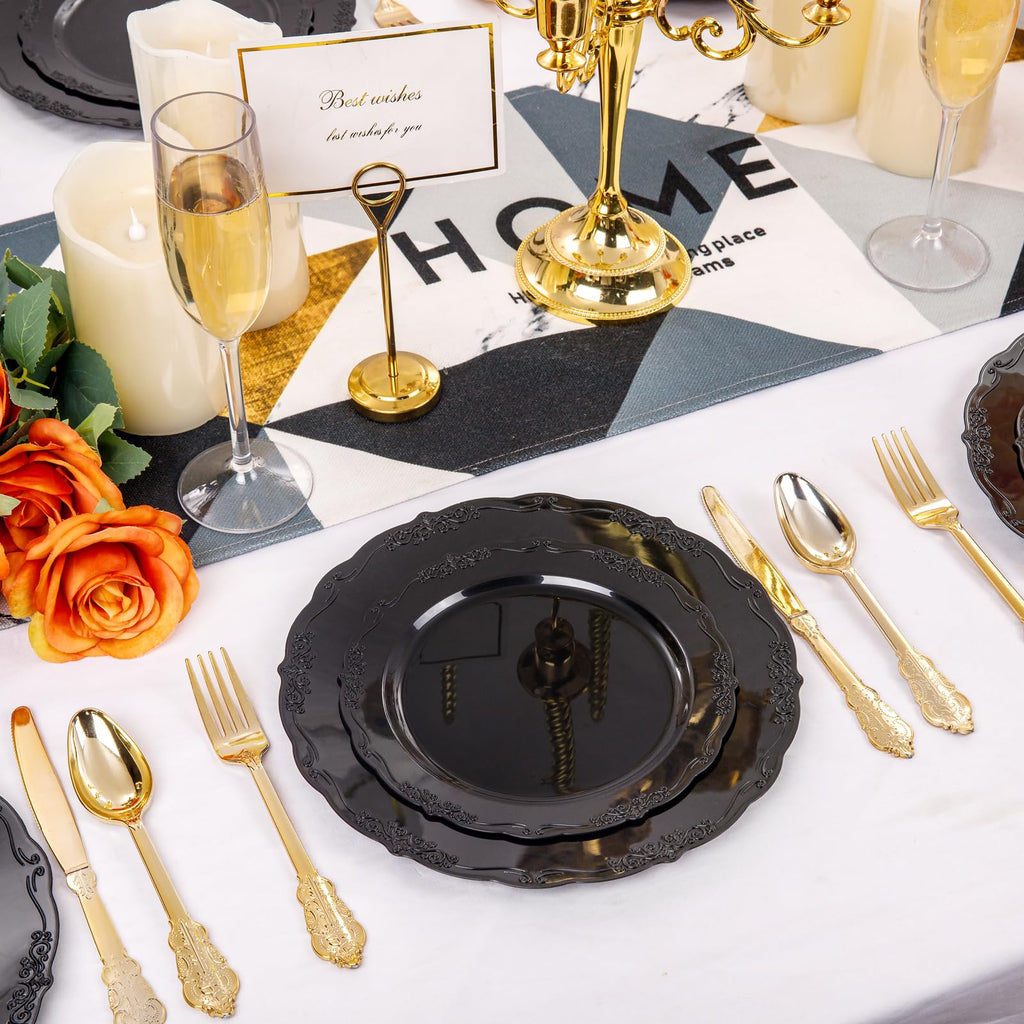 DaYammi 150Pcs Ivory Plastic Plates with Gold Rim,Disposable Plastic Plates Include 30 Dinner Plate,30 Salad Plate,30 Forks,30 Spoons,30 Knives,Ivory and Gold Plates for Party,Wedding,Mother's Day