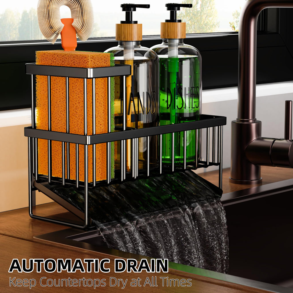 Cisily Kitchen Dish Soap Dispenser Set with 2 Pack 16.9oz Amber Glass Bottle and Sponge Holder, Dish Soap Dispensers with Adjustable Sponge Holder, Vintage Hand and Dish Soap Dispensers Set