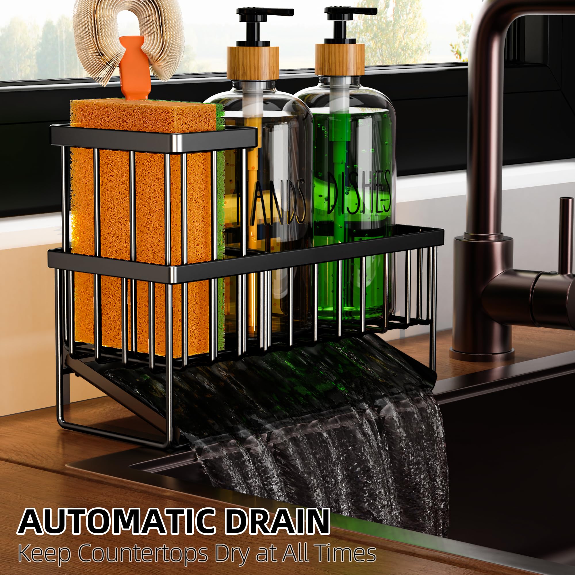 Cisily Kitchen Dish Soap Dispenser Set with 2 Pack 16.9oz Amber Glass Bottle and Sponge Holder, Dish Soap Dispensers with Adjustable Sponge Holder, Vintage Hand and Dish Soap Dispensers Set