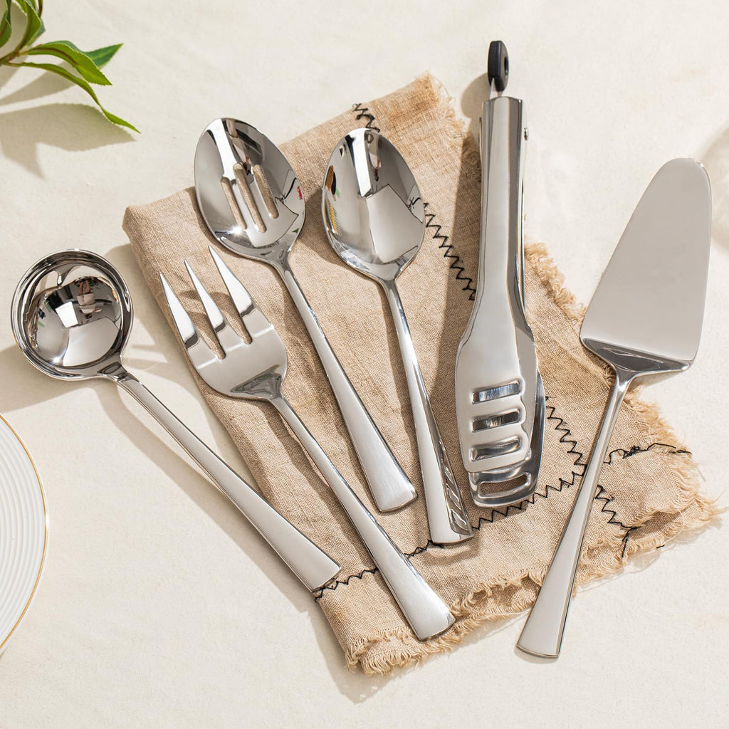 KINGSTONE 8 Piece Serving Utensils Set, 18/10 Stainless Steel Serving Utensils, Slotted Spoon, Serving Spoon, Fork, Tong, Soup Ladle, Cake Server for Buffet, Parties, Kitchen