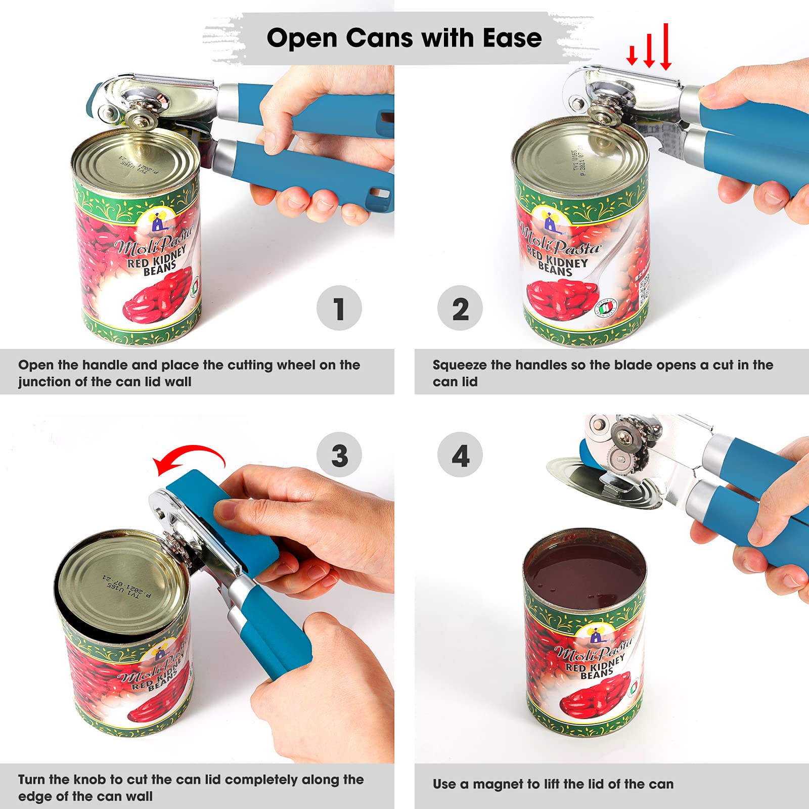 Beneno Heavy Duty Hand Can Opener Manual with Magnet, Durable Sharp Carbon Steel Blade Smooth Cutting, Big Effort-Saving Knob & Soft Grip Handle, Multifunctional Kitchen Tool with Bottle Opener, Green