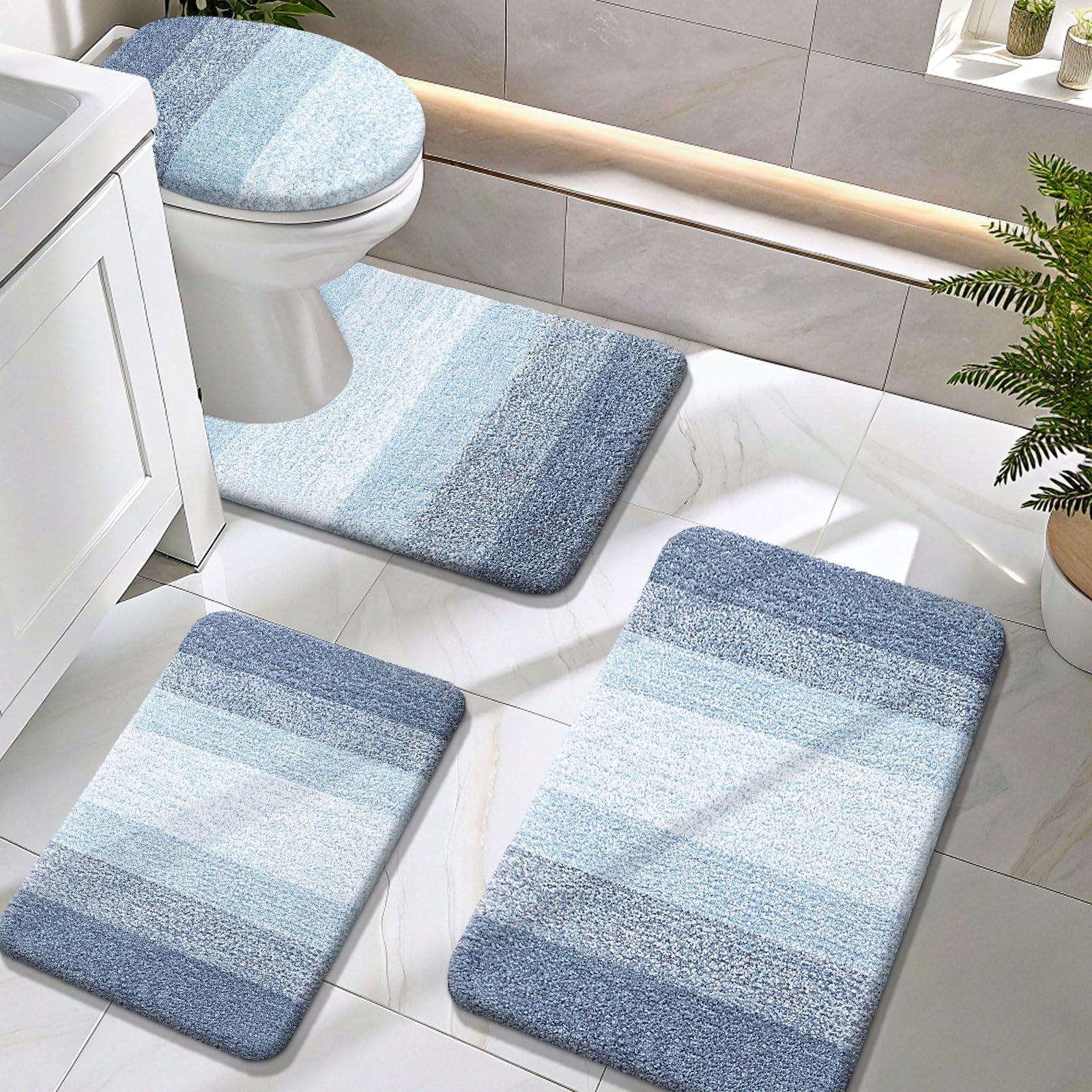 OLANLY Bathroom Rugs Sets 4 piece, Soft Microfiber Absorbent Bath Mat, U-Shaped Contour Toilet Mat and Toilet Lid Cover, Quick Dry, Machine Washable, Toilet Cover and Rug Set for Bathroom, Grey