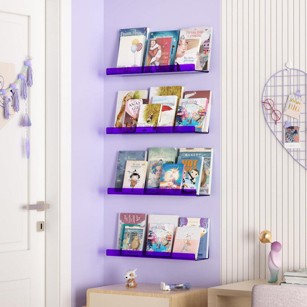upsimples Acrylic Shelves for Bathroom Storage, 15" Floating Shelves Wall Organizer for Perfume, Make up, Skincare, Kids Bookshelf for Bedroom, Nursery, Living Room Decor, Clear, 4 Pack