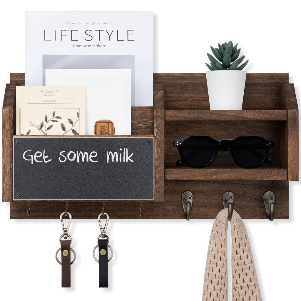 Mail and Key Holder – Wall Mount Key Hanger with Shelf and 7 Metal Hooks – Decorative Natural Paulownia Wood Entryway Organizer with Mounting Hardware (16.5”W x 8.7”H x 3.5”D) (Brown)