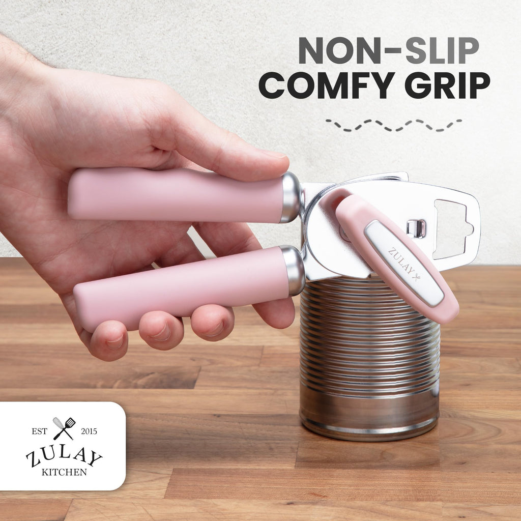 Zulay Kitchen COMFY™ Can Opener Manual with Bottle Opener - Rust Proof Stainless Steel Manual Can Opener With Turn Knob & Comfy Soft Grip Handles - Black