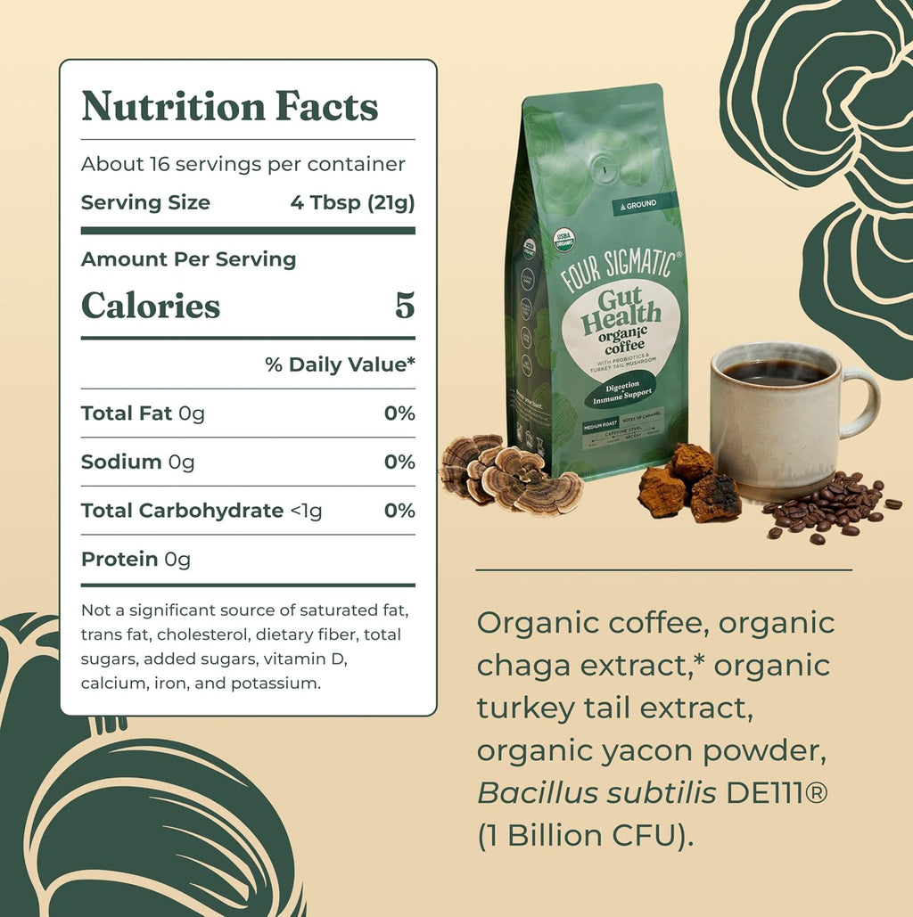 Four Sigmatic Gut Health Organic Ground Coffee | Medium Roast, Immune Boosting Probiotic Mushroom Coffee with Chaga & Turkey Tail for Gut Health & Immune Support | 12oz Bag