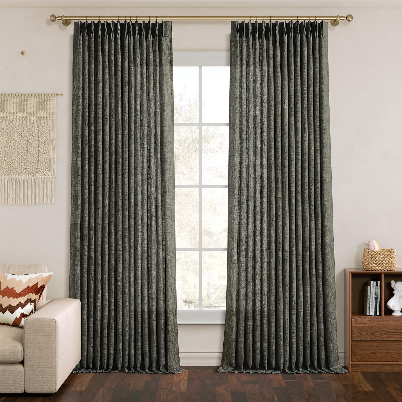 Pinch Pleated Linen Curtains 96 Inches Extra Long Olive Green Drapes, Thick Linen Light Filtering Memory Trained Pleat Curtain for Living Room and Bedroom Privacy 2 Panels Texture with Back Tab