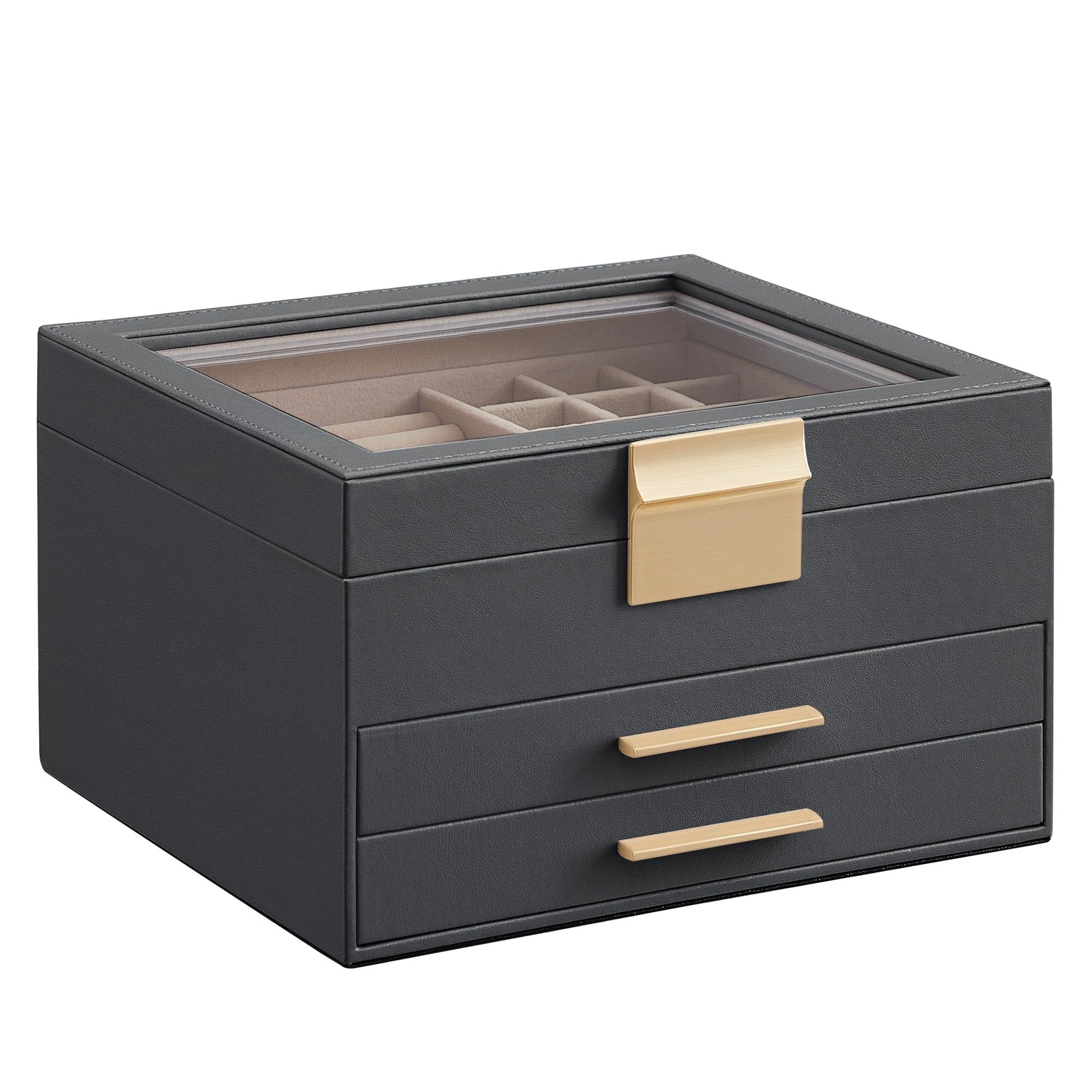 SONGMICS GISELLA Collection - Jewelry Box Organizer, 3-Layer Jewelry Storage with 2 Drawers, Shiny Metal Hardware, Glass Lid, Modern, 8 x 9.1 x 5.3 Inches, Cloud White and Gold Color UJBC239WT