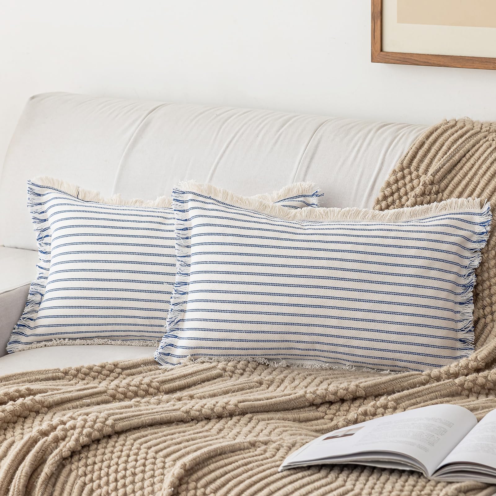 YEENAASY Throw Pillow Covers 20x20 Set of 2 Striped Fringe Pillow Cover Farmhouse Cushion Covers with Tassel Neutral Boho Pillows Decorative Square Pillowcase for Couch Sofa Bed, Black