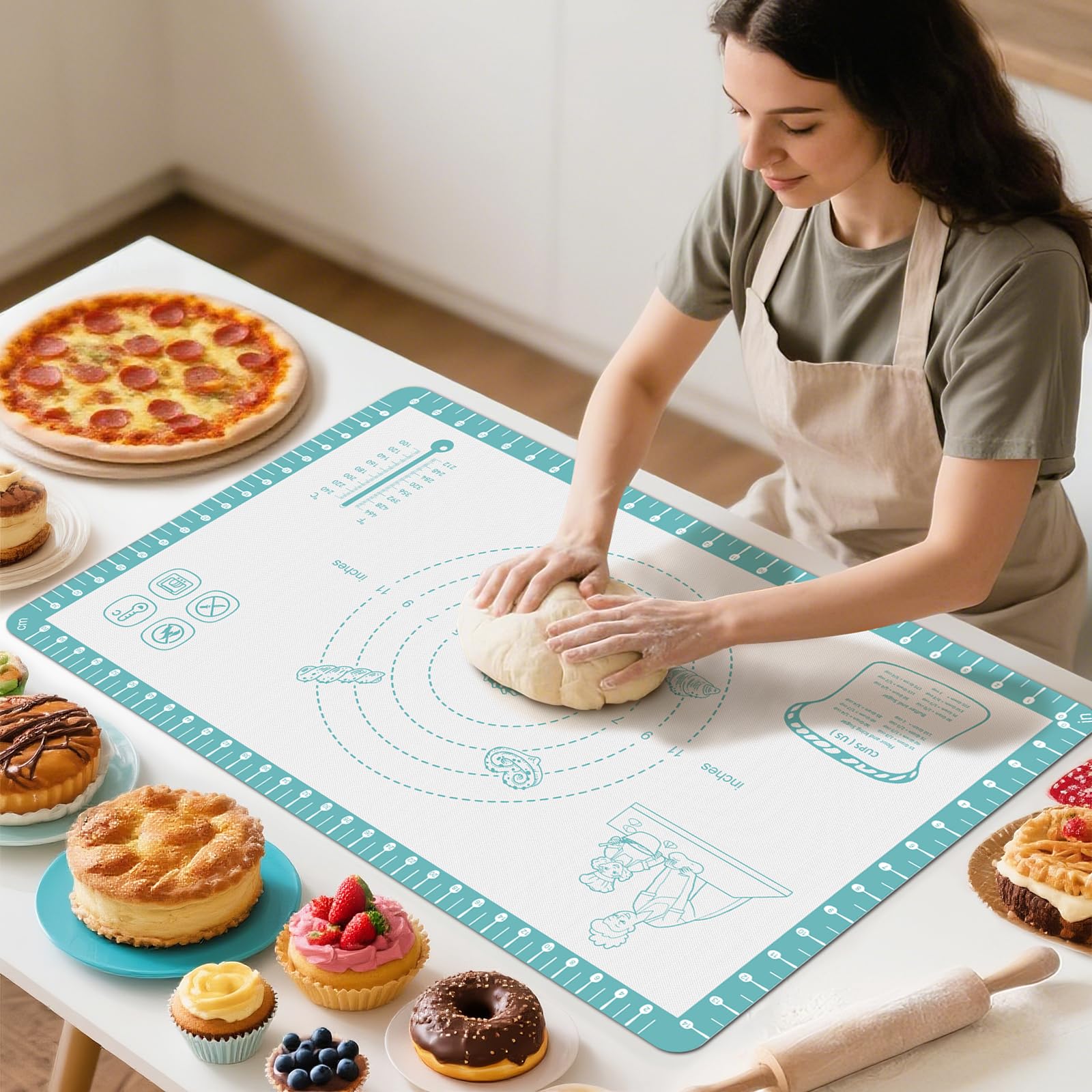 Silicone Baking Mat with Recipes, Extra Thick Silicone Mats for Baking, Non Stick Pastry Mat for Rolling Dough, Silicone Macaron Baking Mat for Cookie,Bread,Pizza,Fondant Mat, Oven&Dishwasher Safe