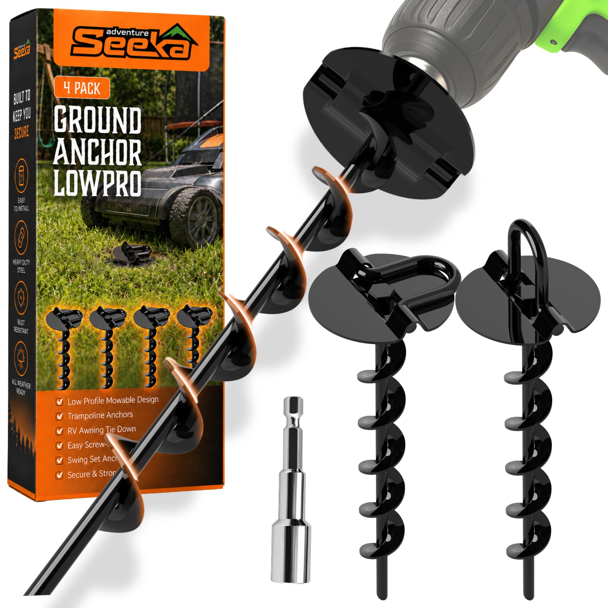 Ground Anchors Screw in Heavy Duty - 4 Pack with Power Nut Driver Drill Bit, Spiral Ground Stakes, Swing Set Anchors, Trampoline Tie Down Kit, High Wind Tent Stakes for Canopy, Car Port, RV Awning