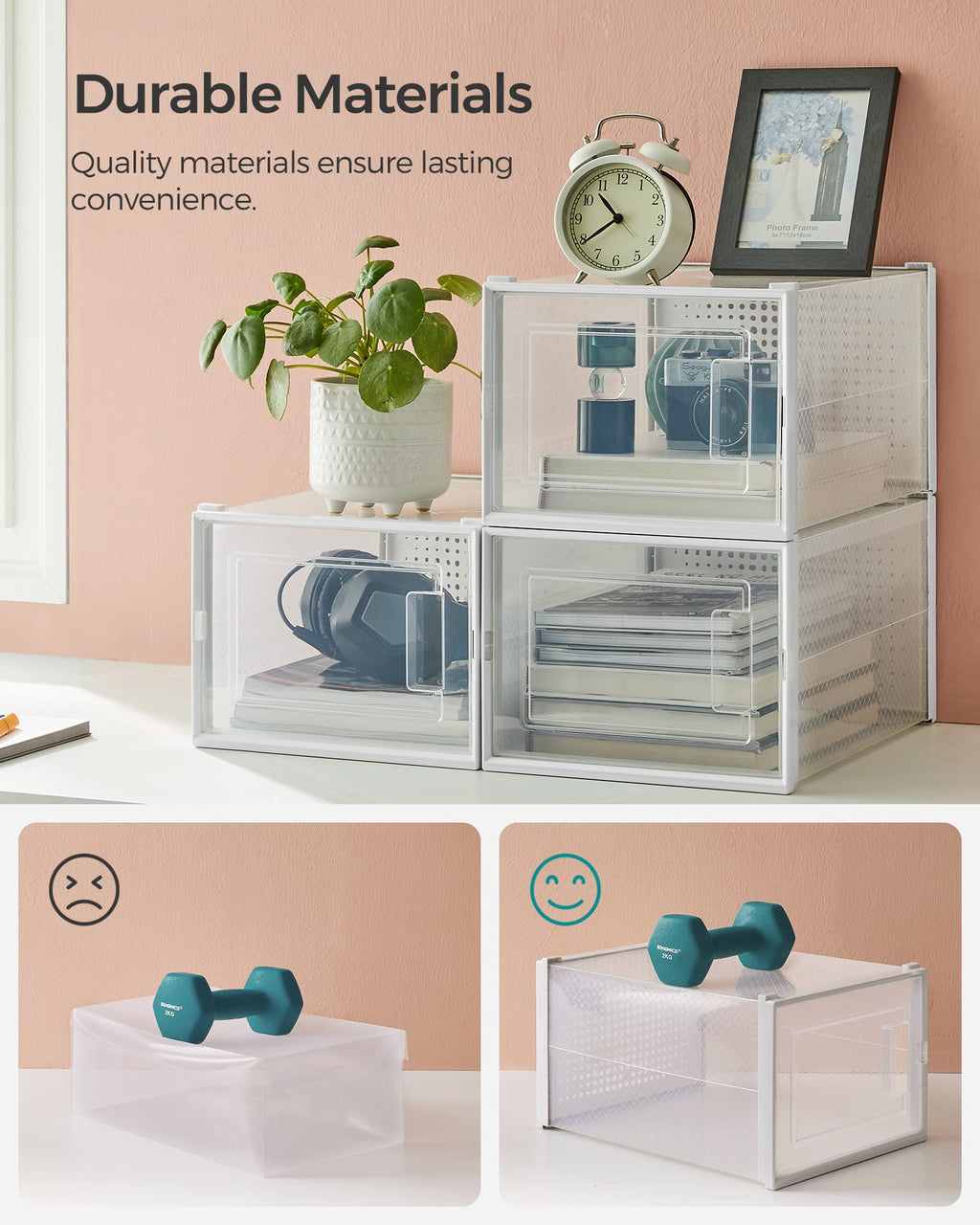 SONGMICS Shoe Boxes, Pack of 12 Shoe Storage Organizers, Stackable Clear Plastic Boxes for Closet, Sneakers, 13.1 x 9.1 x 5.6 Inches, Transparent and White ULSP12SWT