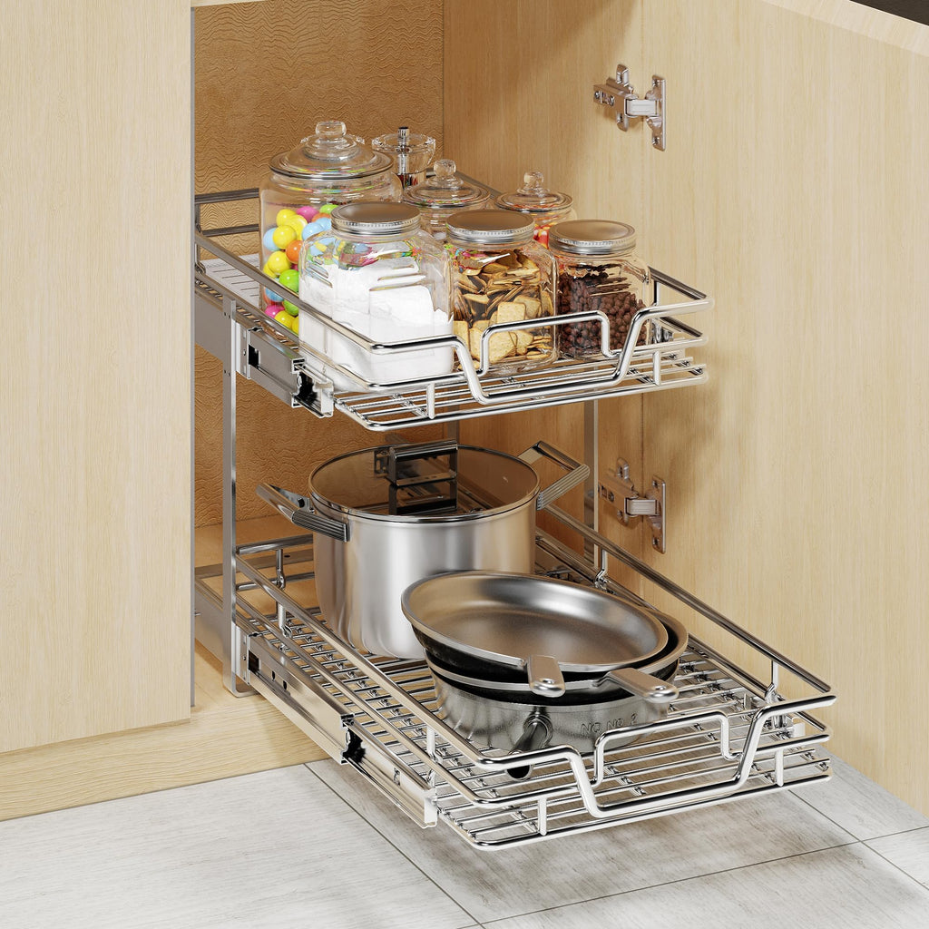 2-Tier Kitchen Cabinet,Pull Out Cabinet Organizer,Shelf and Drawer Organizer Slide Out Pantry Storaqe Basket in Multiple Sizes (12" W x21 D)