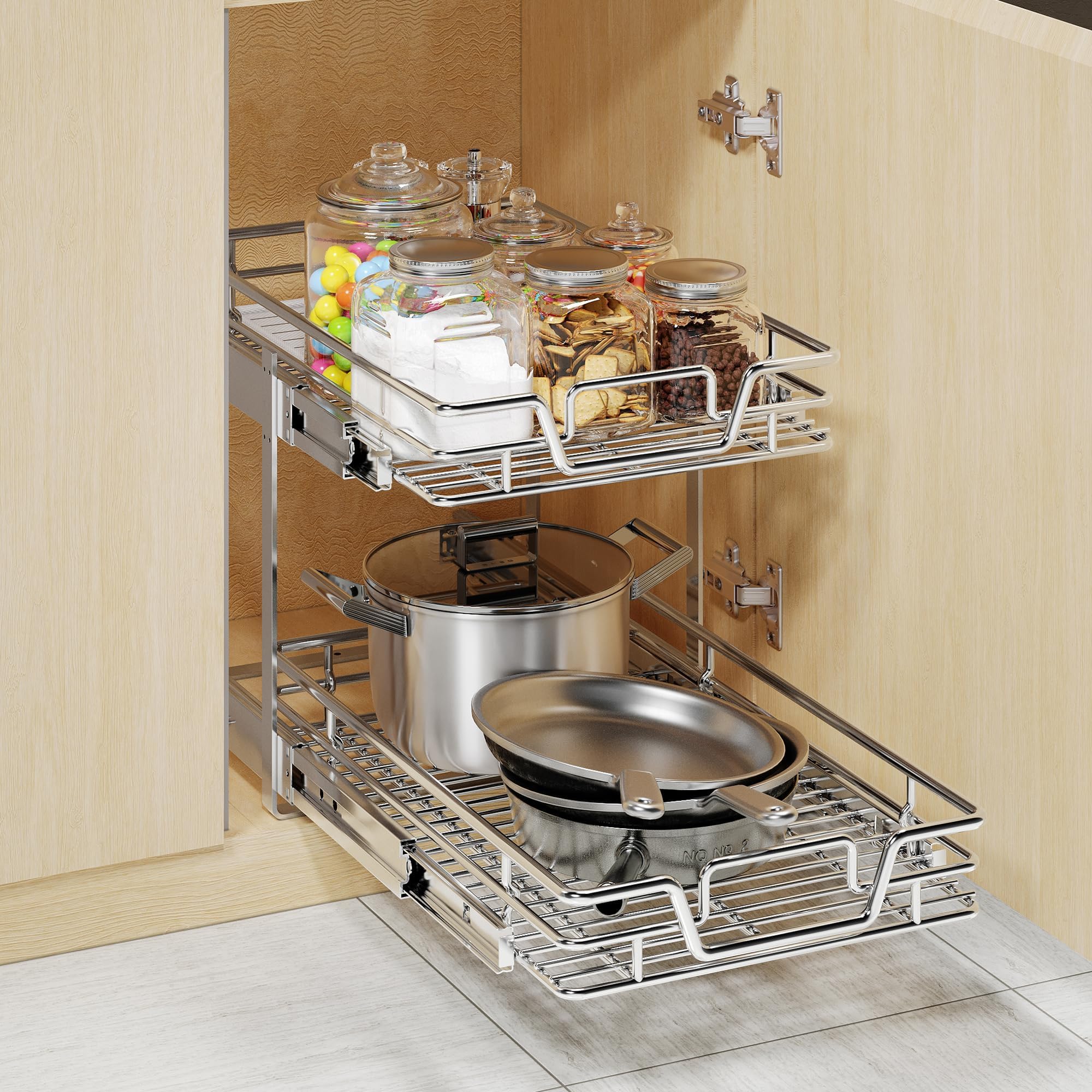 2-Tier Kitchen Cabinet,Pull Out Cabinet Organizer,Shelf and Drawer Organizer Slide Out Pantry Storaqe Basket in Multiple Sizes (12" W x21 D)