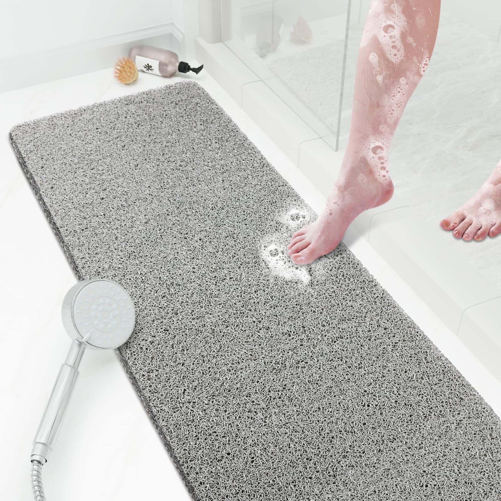 PVC Loofah Shower/Bathtub Mat Non-Slip, 24x16 inch, Soft Tub Mat with Drain, for Tub and Bathroom,Quick Drying,Grey