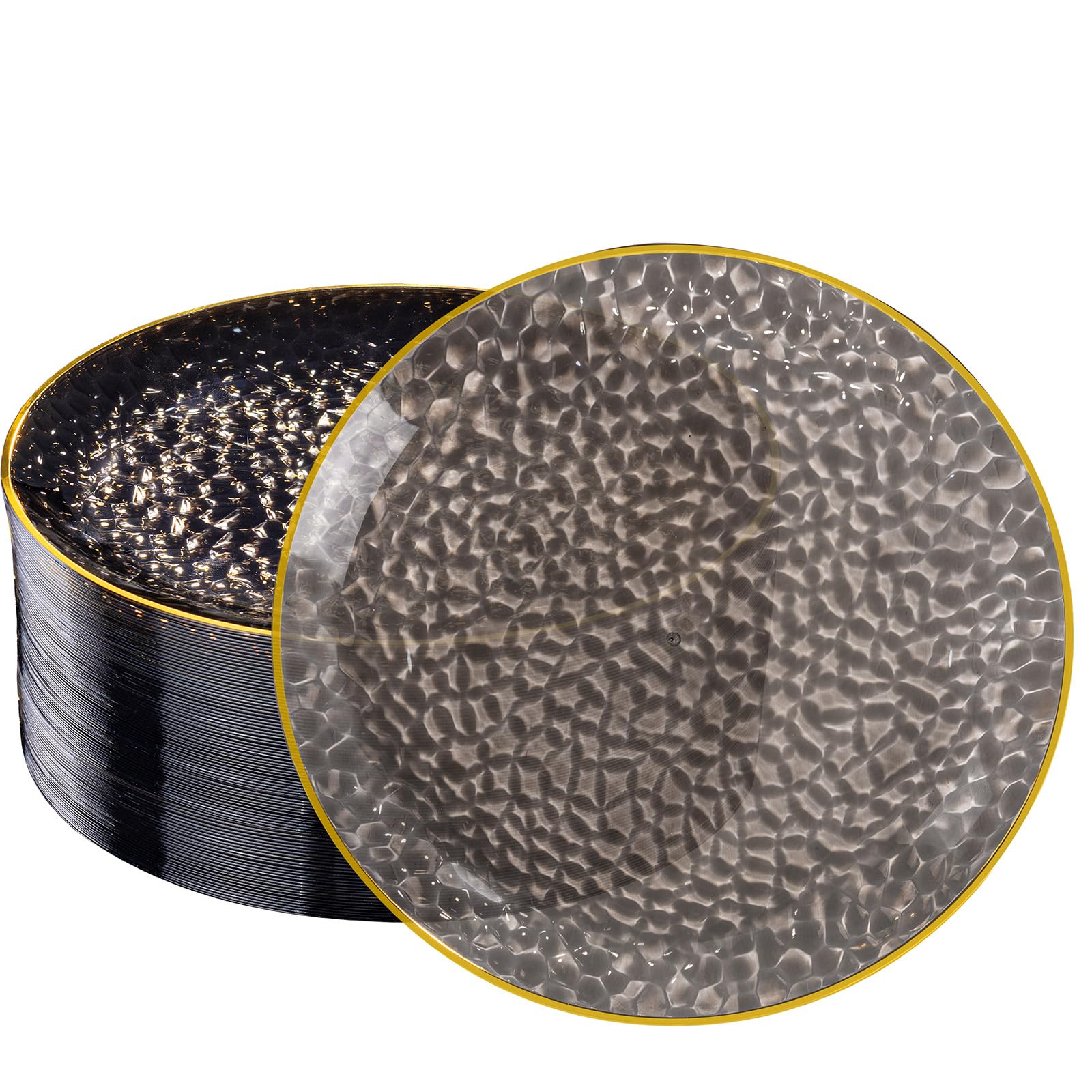 DaYammi 100 Pcs Clear Gold Plastic Plates, Hammered Party Plate, Fancy Plastic Plates Disposable Clear Disposable Dessert Platos, 7 Inch Heavy duty Plastic Dessert Platos for Party & Wedding