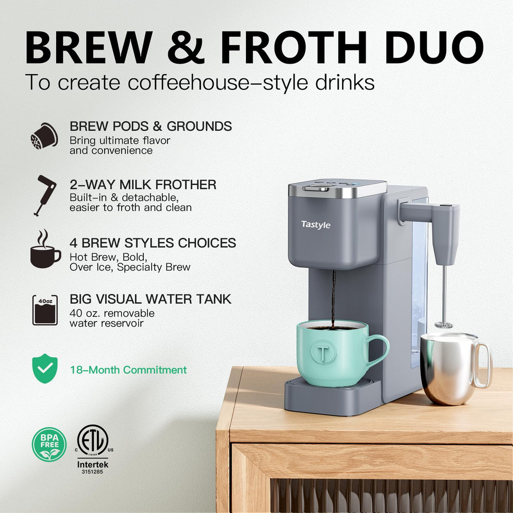 Tastyle 330MF Single Serve Coffee Maker with Built-in Detachable Milk Frother, Iced and Hot Coffee Machine for K Cup & Grounds, 40oz Removable Water Reservoir, 6 Cup Sizes, Fits 7.3" Travel Mug, Black