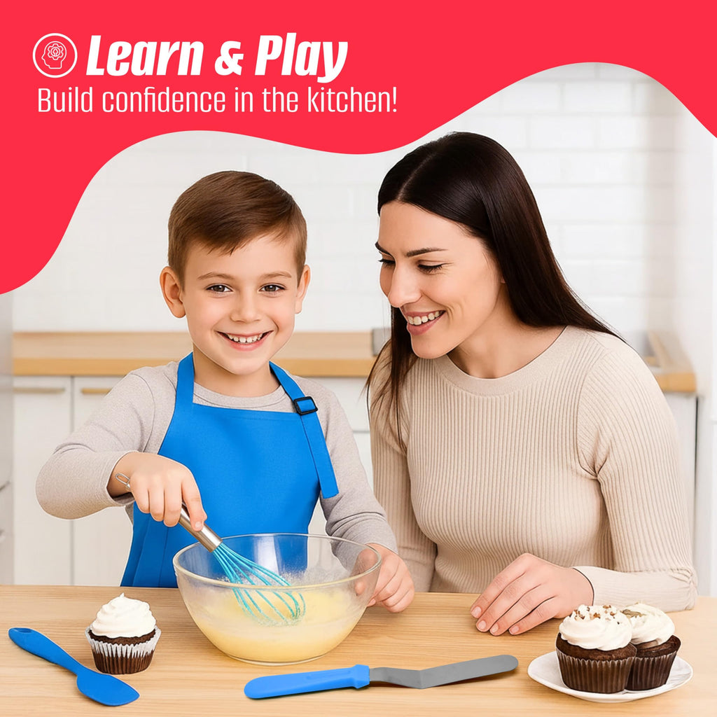 Perlli Kids Cake & Cupcake Baking Set – 51 Pieces Real Utensils & Decorating Kit with Carrier Safe Baking Supplies Gift for Junior Chefs Girls & Boys (Blue)