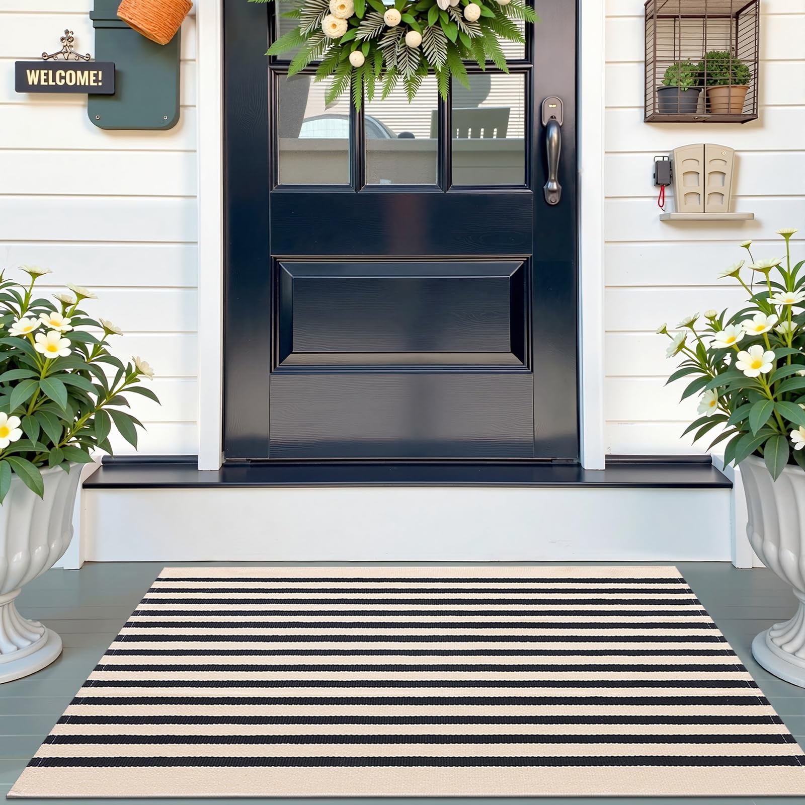 OLANLY Black and White Striped Rug 2'4" x 3'7" (27.5" x 43") – Washable Cotton Indoor Outdoor Doormat for Front Door, Entryway, Kitchen, Porch, Patio Decor