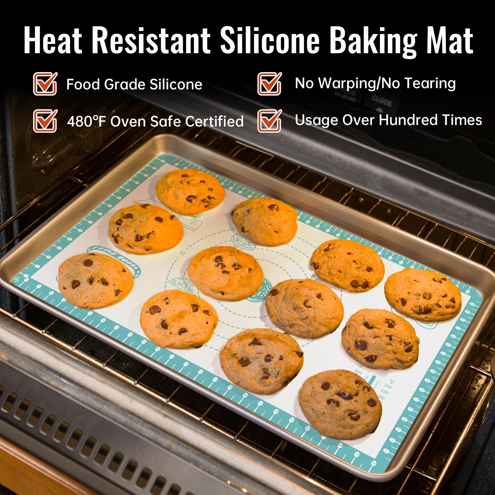 Silicone Baking Mat with Recipes, Extra Thick Silicone Mats for Baking, Non Stick Pastry Mat for Rolling Dough, Silicone Macaron Baking Mat for Cookie,Bread,Pizza,Fondant Mat, Oven&Dishwasher Safe