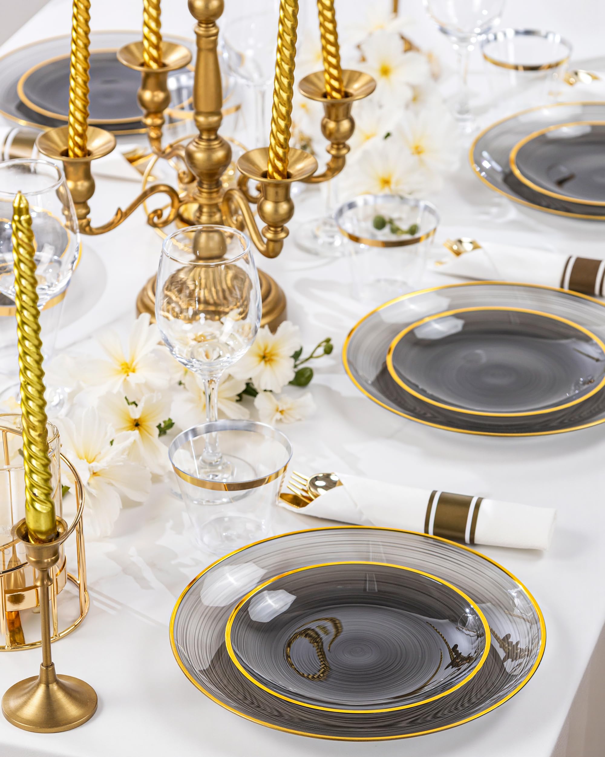 Morejoy 60Pcs Brown Plastic Plates,Brown Disposable Plates With Gold Rim, Gold Party Dinnerware Set Include 30 Dessert plates,30 Dinner plates for Party & Wedding