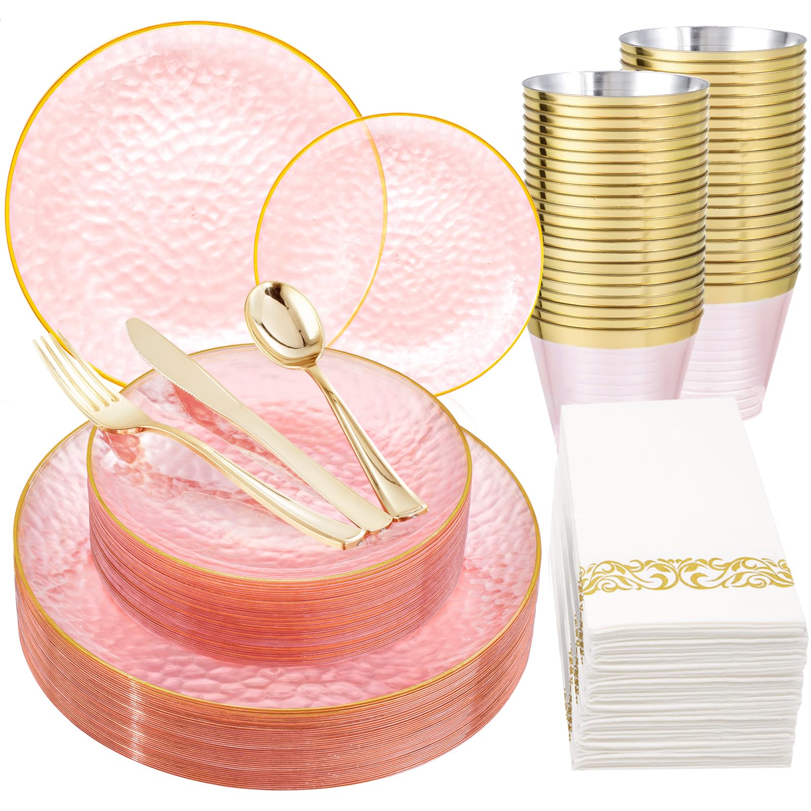 DaYammi 350PCS Clear Gold Plastic Dinnerware Set for 50 Guests, Hammered Disposable Plates for Party, Include: 50 Dinner Plates, 50 Dessert Plates, 150 Gold Silverware, 50 Napkins, 50 Cups