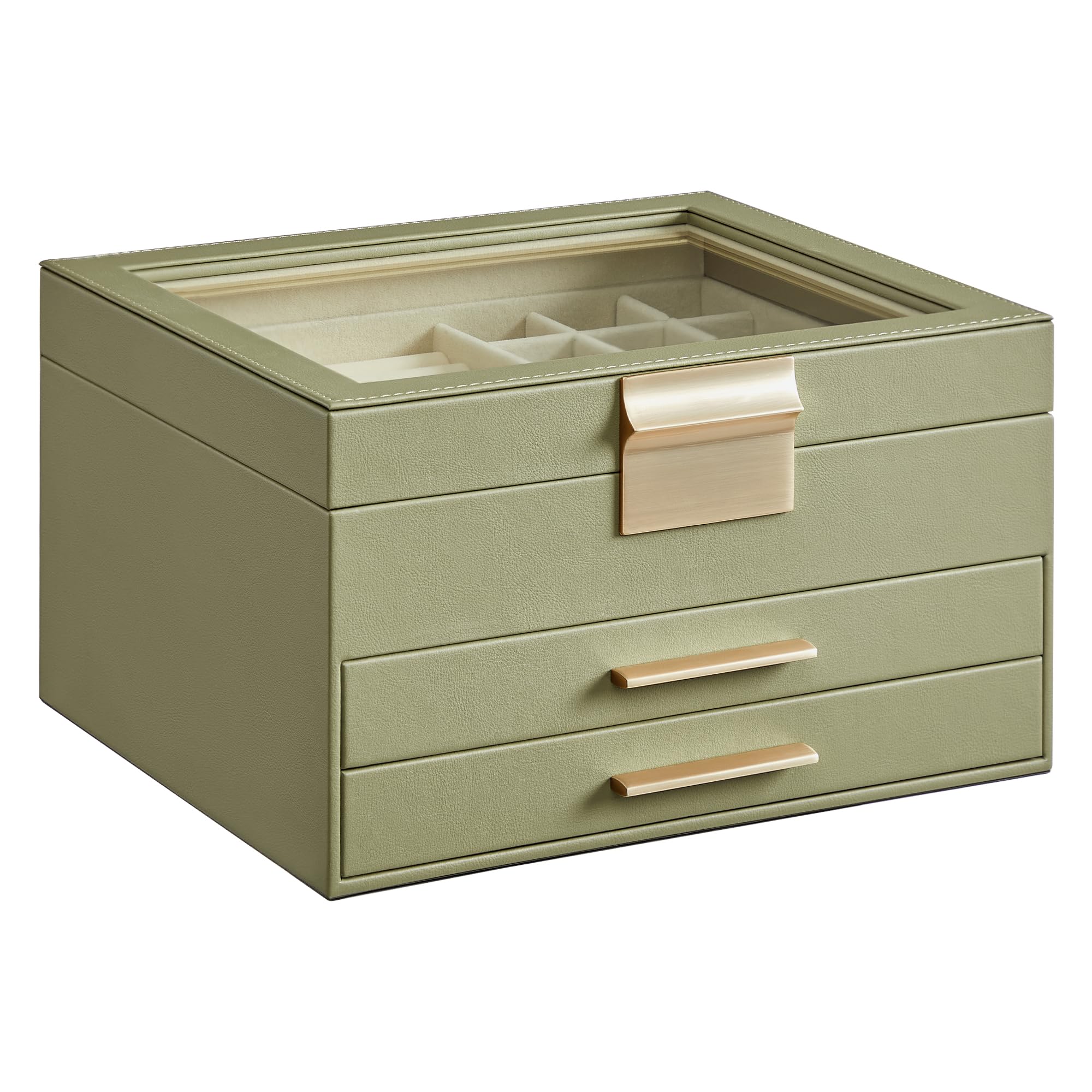 SONGMICS GISELLA Collection - Jewelry Box Organizer, 3-Layer Jewelry Storage with 2 Drawers, Shiny Metal Hardware, Glass Lid, Modern, 8 x 9.1 x 5.3 Inches, Cloud White and Gold Color UJBC239WT