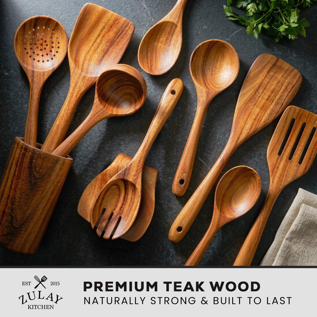 Zulay Kitchen 6 Piece Wooden Spoons for Cooking – Natural Teak Wooden Utensil Set, Easy to Clean, Durable, Smooth with Comfort Grip - Non Toxic Wooden Cooking Utensil Sets